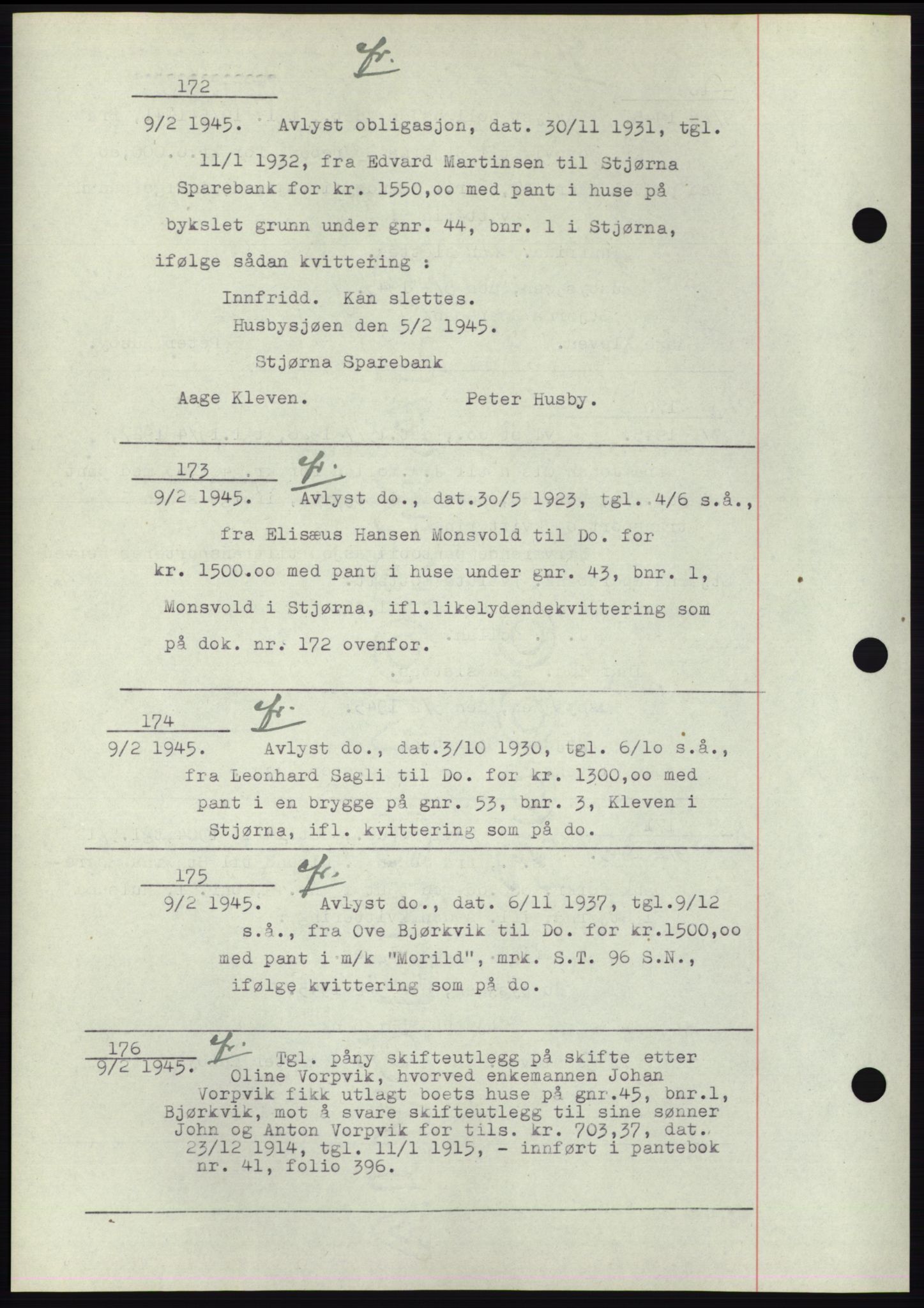 Fosen sorenskriveri, AV/SAT-A-1107/1/2/2C: Pantebok nr. B1, 1943-1946, Dagboknr: 172/1945