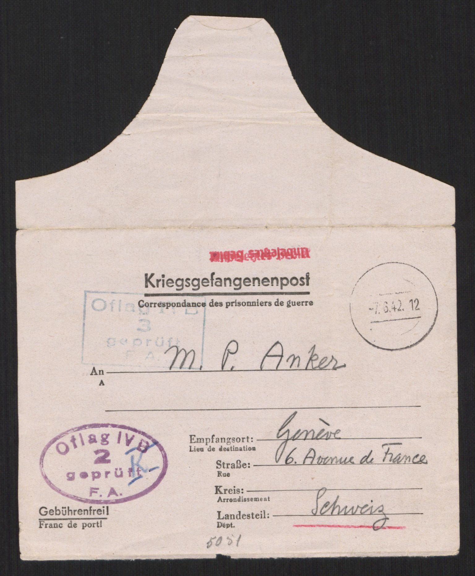 Norske offiserer i tysk fangenskap, RA/PA-1468/F/L0002/0010: Krigsfangebrev m.m. / Otto Ruge - Peter Anker, 1941-1945