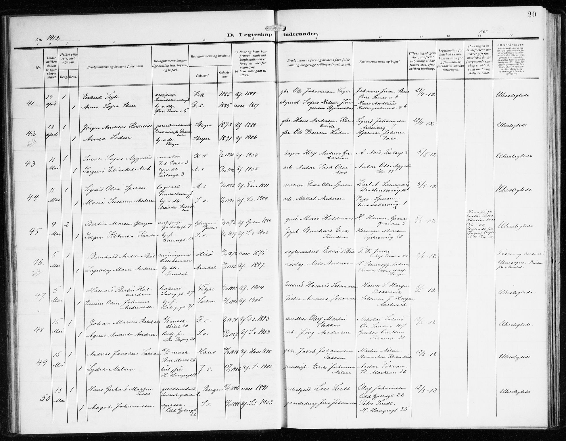 Sandviken Sokneprestembete, AV/SAB-A-77601/H/Ha/L0015: Ministerialbok nr. D 2, 1911-1923, s. 20