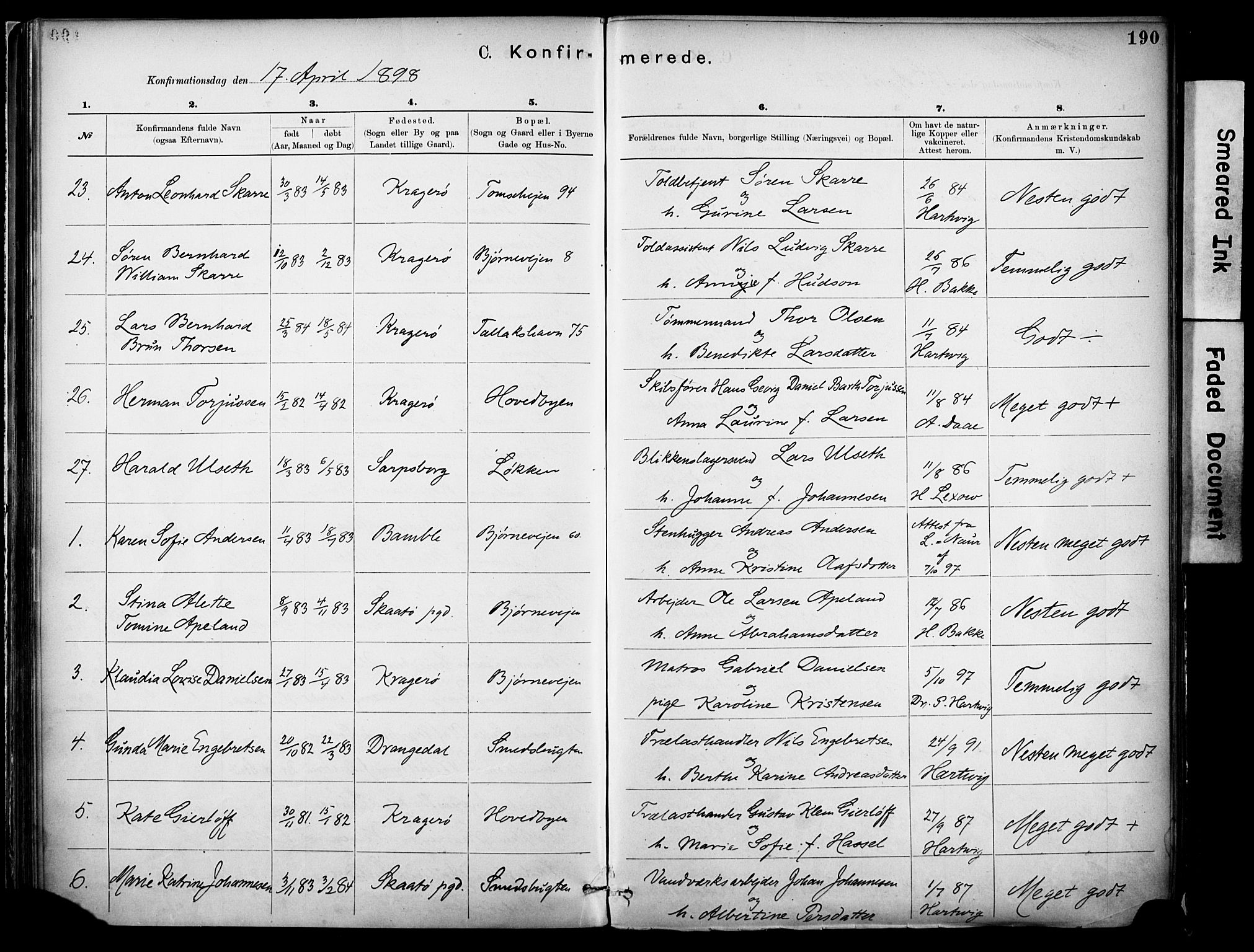 Kragerø kirkebøker, SAKO/A-278/F/Fa/L0012: Ministerialbok nr. 12, 1880-1904, s. 190