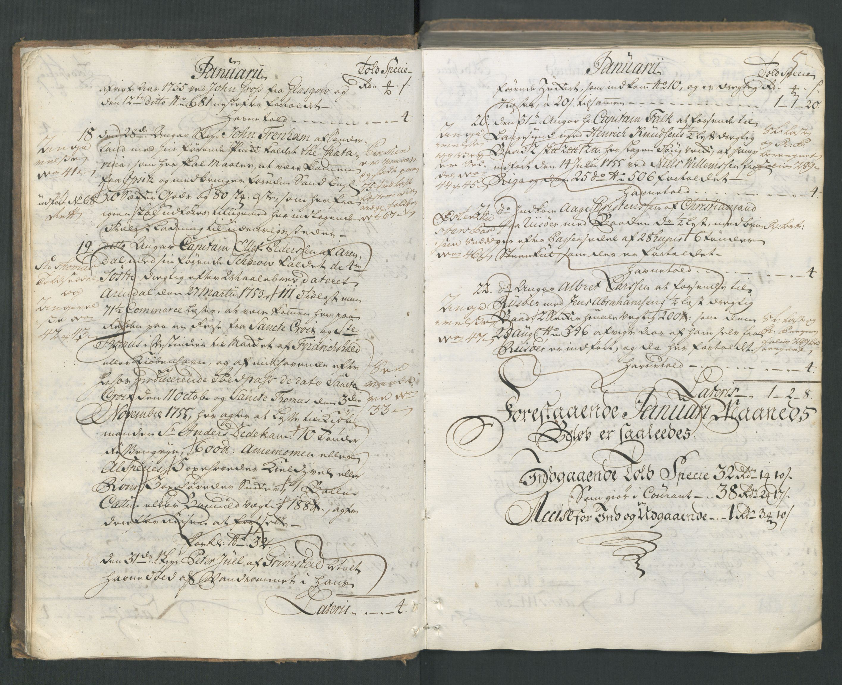 Generaltollkammeret, tollregnskaper, AV/RA-EA-5490/R15/L0029/0001: Tollregnskaper Arendal / Inngående hovedtollbok, 1756, s. 4b-5a