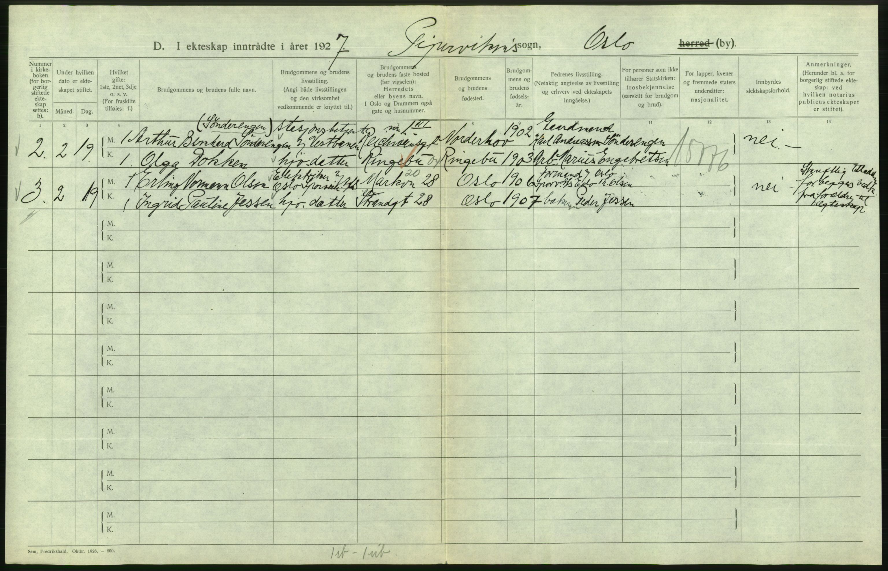 Statistisk sentralbyrå, Sosiodemografiske emner, Befolkning, AV/RA-S-2228/D/Df/Dfc/Dfcg/L0008: Oslo: Gifte, 1927, s. 720