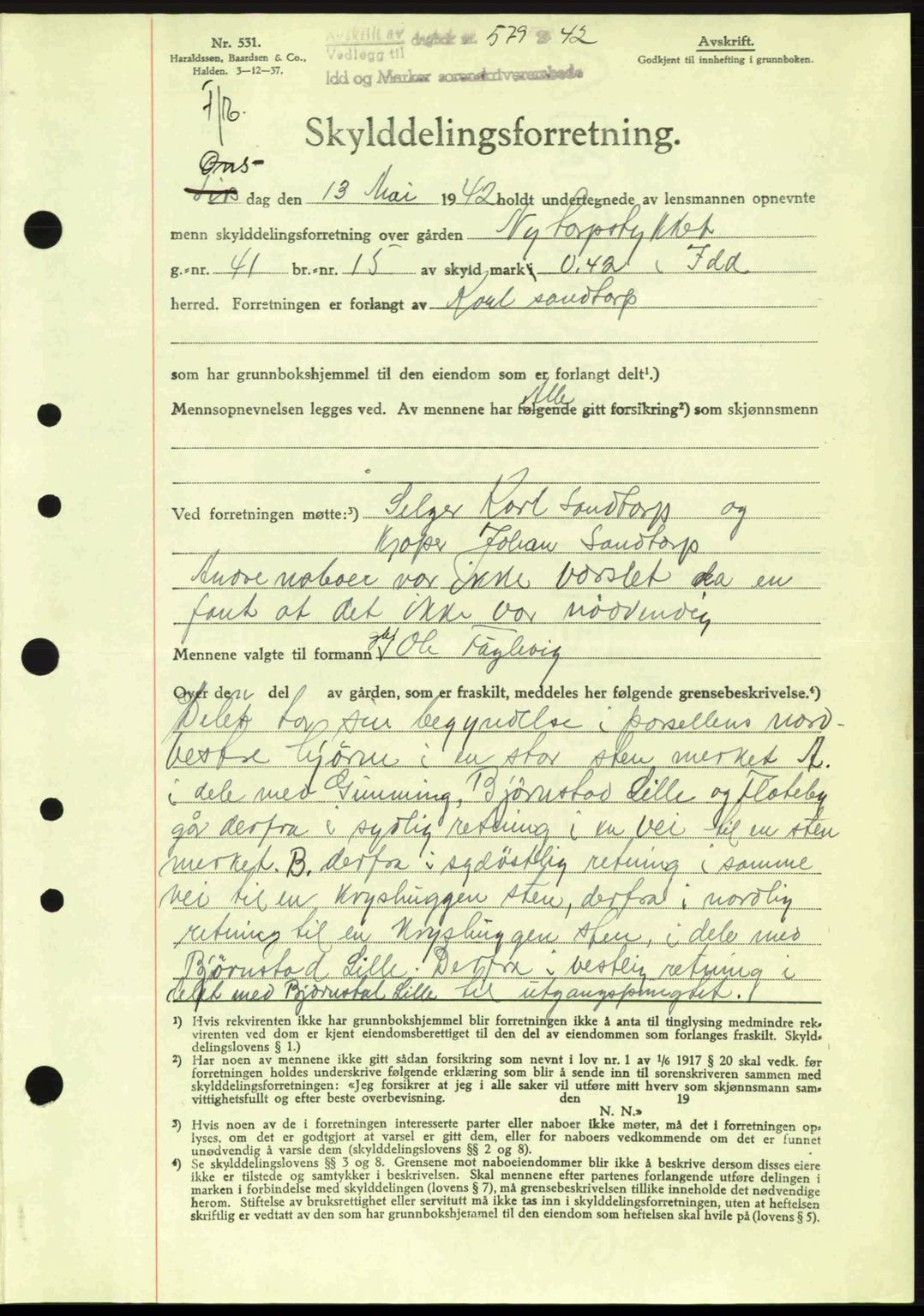 Idd og Marker sorenskriveri, AV/SAO-A-10283/G/Gb/Gbb/L0005: Pantebok nr. A5, 1941-1943, Dagboknr: 579/1942