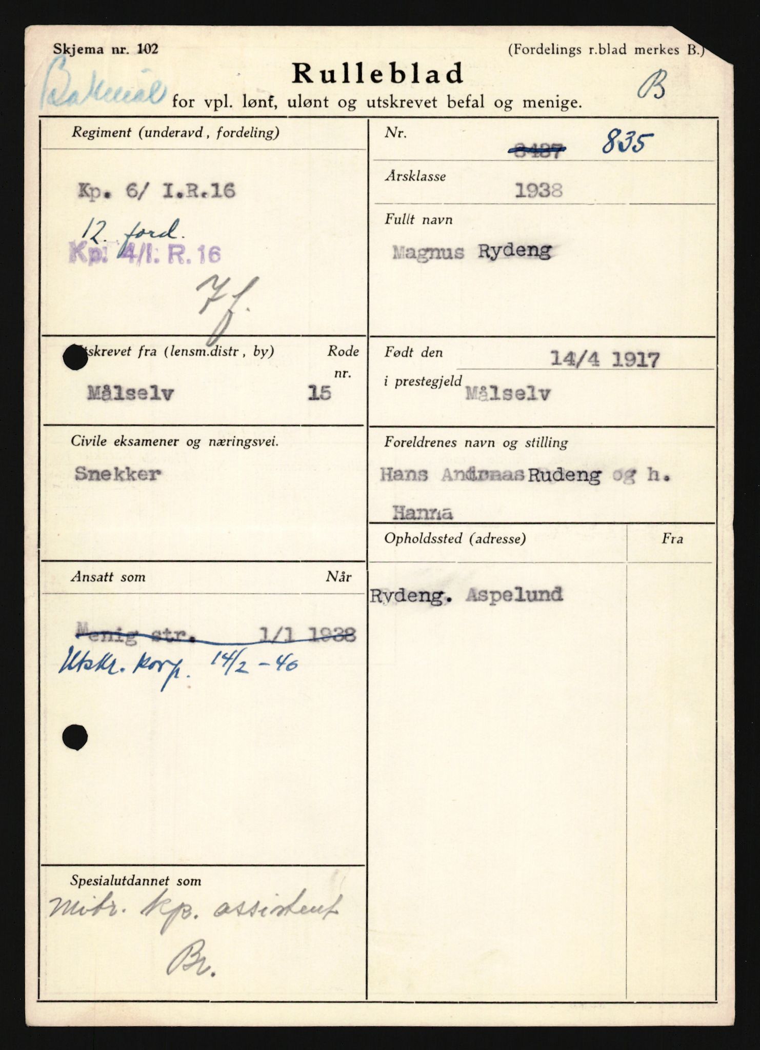 Forsvaret, Troms infanteriregiment nr. 16, AV/RA-RAFA-3146/P/Pa/L0022: Rulleblad for regimentets menige mannskaper, årsklasse 1938, 1938, s. 1441