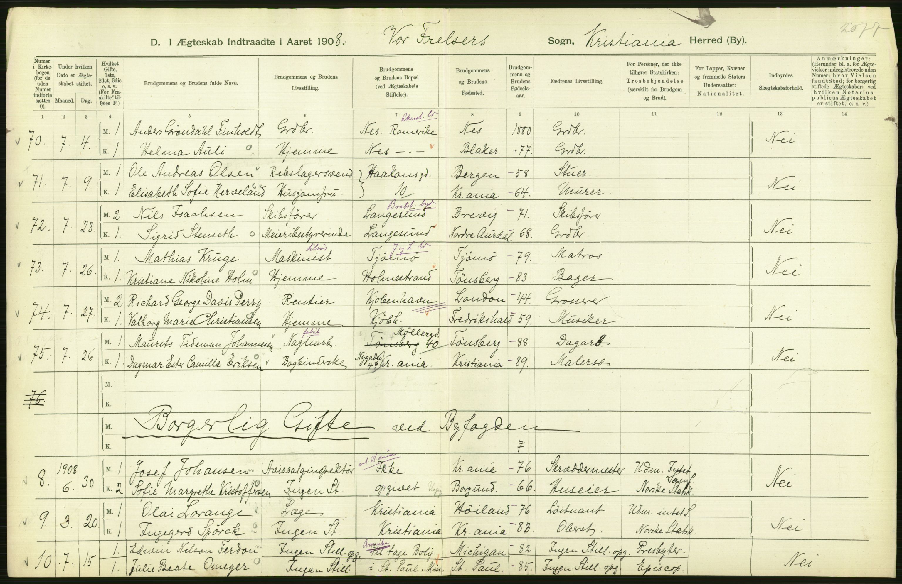 Statistisk sentralbyrå, Sosiodemografiske emner, Befolkning, AV/RA-S-2228/D/Df/Dfa/Dfaf/L0007: Kristiania: Gifte, 1908, s. 182