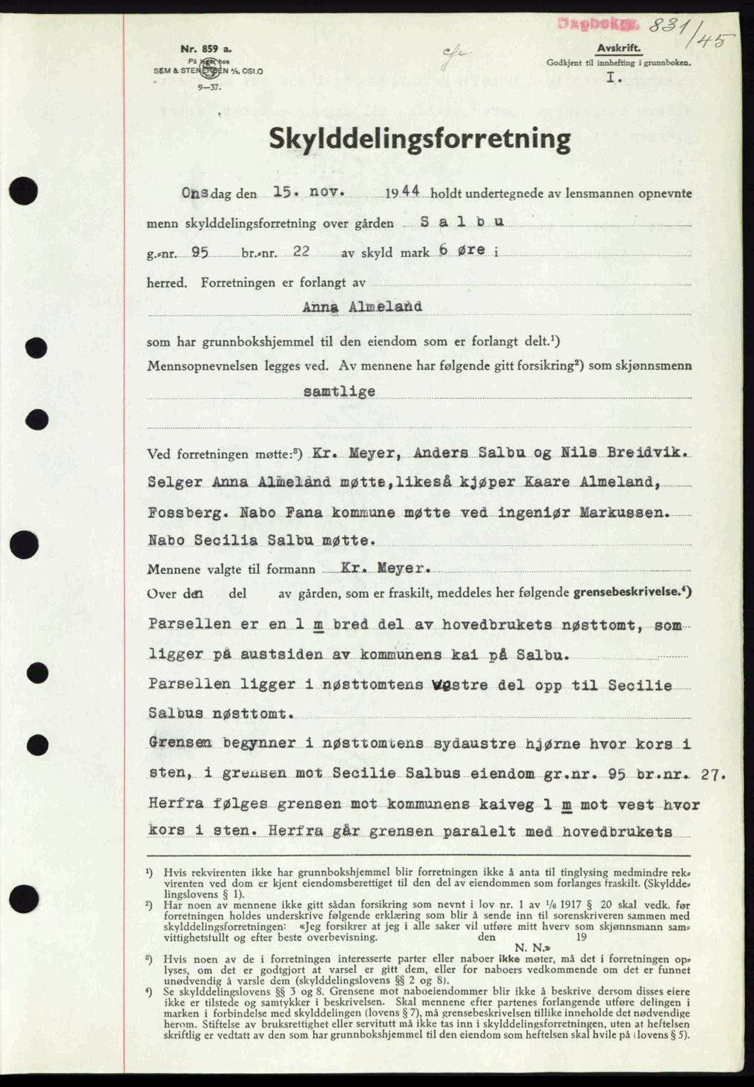 Midhordland sorenskriveri, SAB/A-3001/1/G/Gb/Gbj/L0019: Pantebok nr. A37-38, 1944-1945, Dagboknr: 831/1945