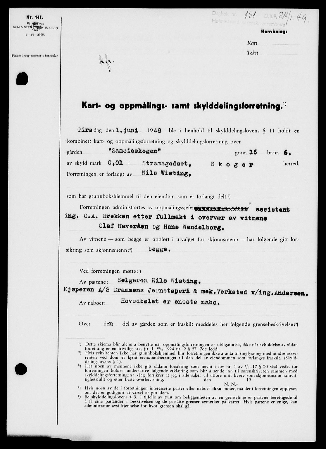 Holmestrand sorenskriveri, SAKO/A-67/G/Ga/Gaa/L0065: Pantebok nr. A-65, 1948-1949, Dagboknr: 161/1949