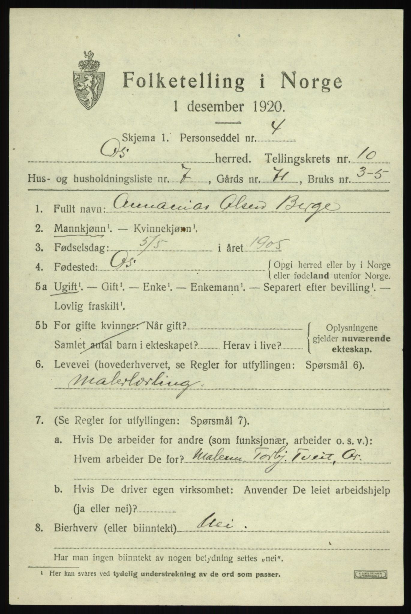 SAB, Folketelling 1920 for 1243 Os herred, 1920, s. 8284
