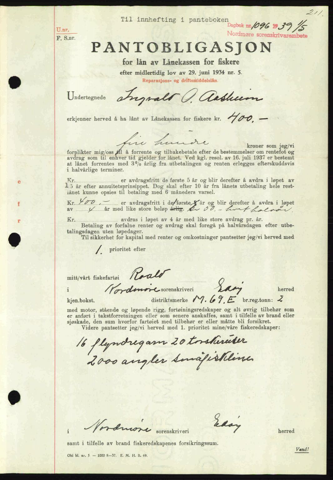 Nordmøre sorenskriveri, AV/SAT-A-4132/1/2/2Ca: Pantebok nr. B85, 1939-1939, Dagboknr: 1096/1939