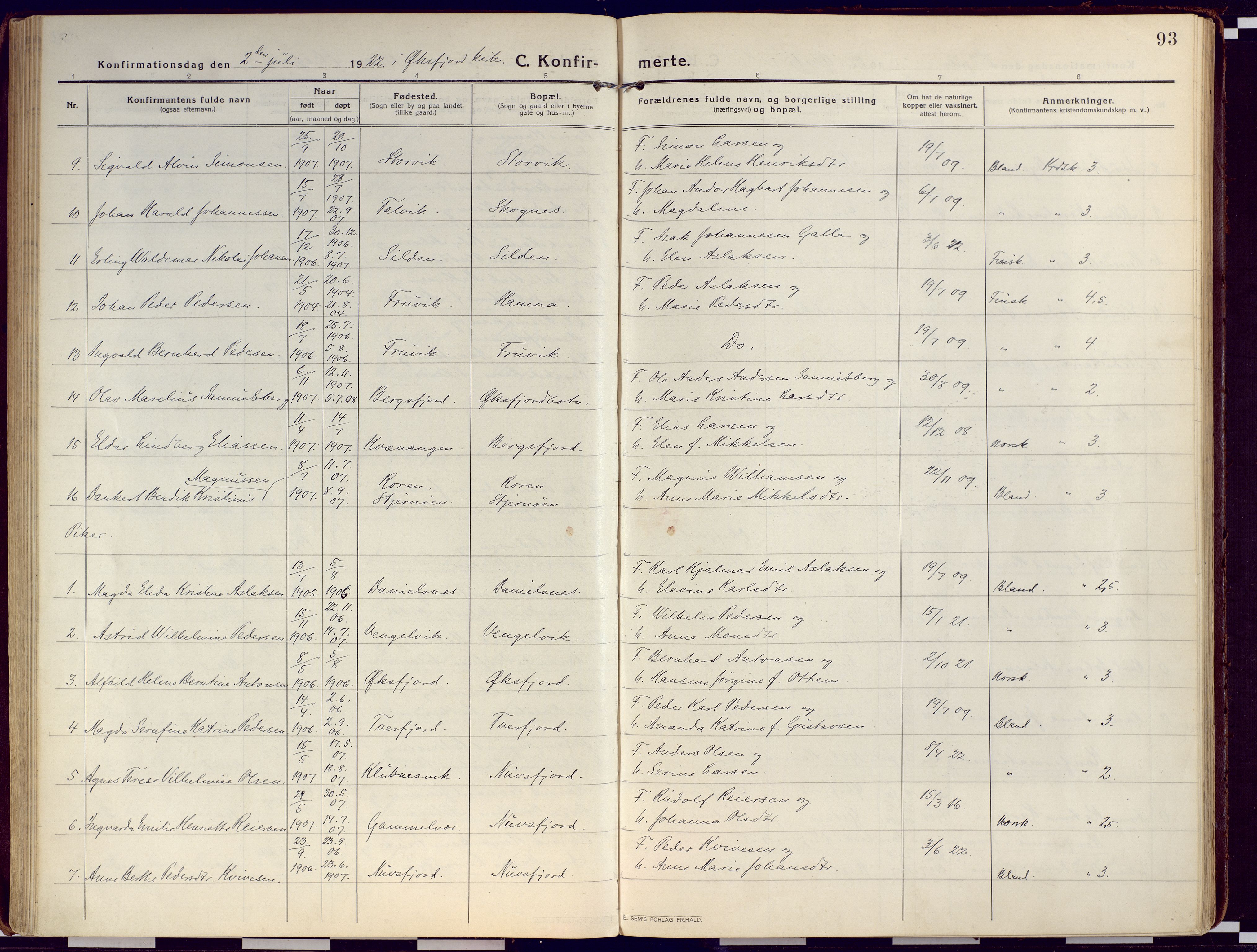 Loppa sokneprestkontor, AV/SATØ-S-1339/H/Ha/L0012kirke: Ministerialbok nr. 12, 1917-1932, s. 93
