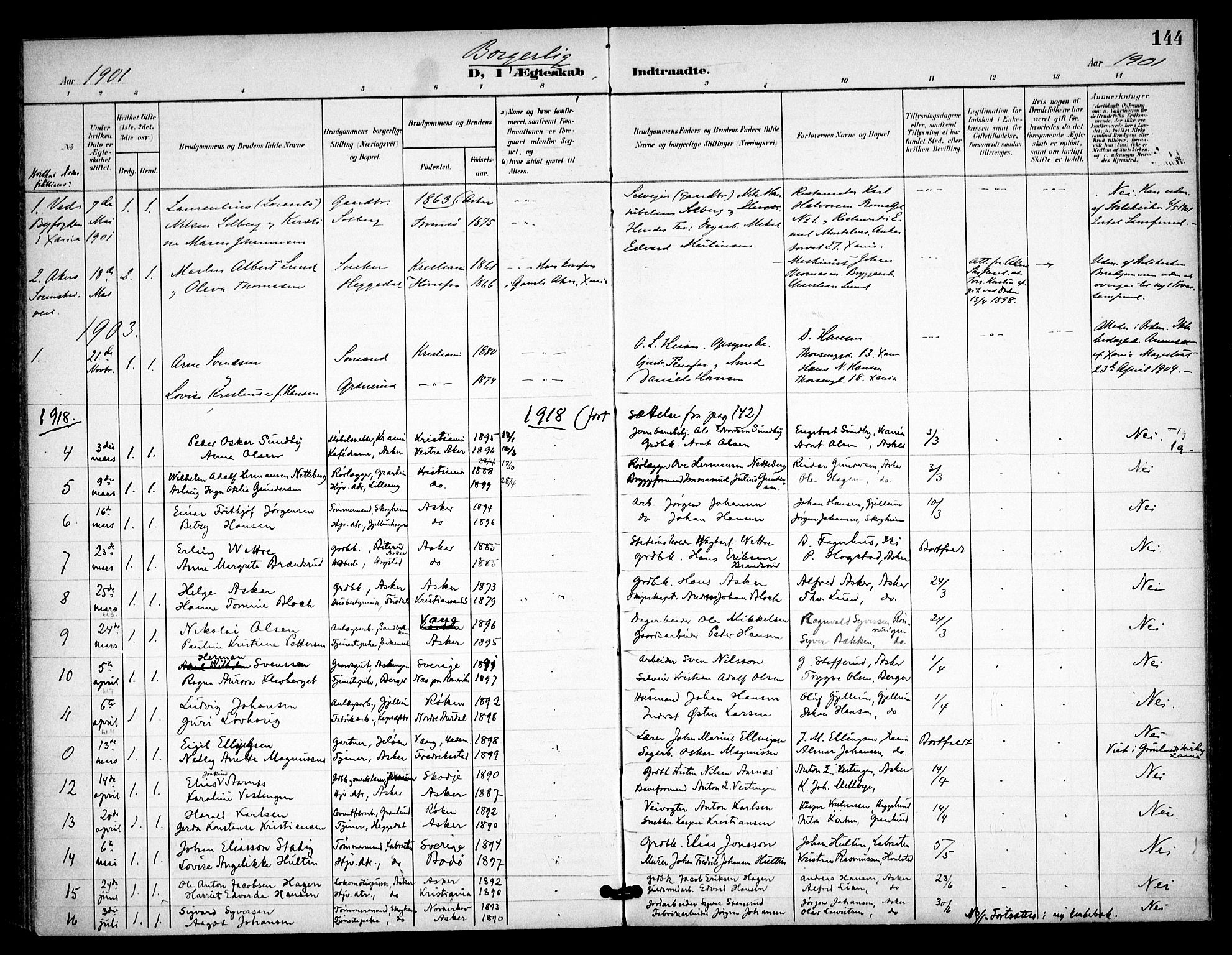 Asker prestekontor Kirkebøker, AV/SAO-A-10256a/F/Fa/L0016: Ministerialbok nr. I 16, 1900-1917, s. 144