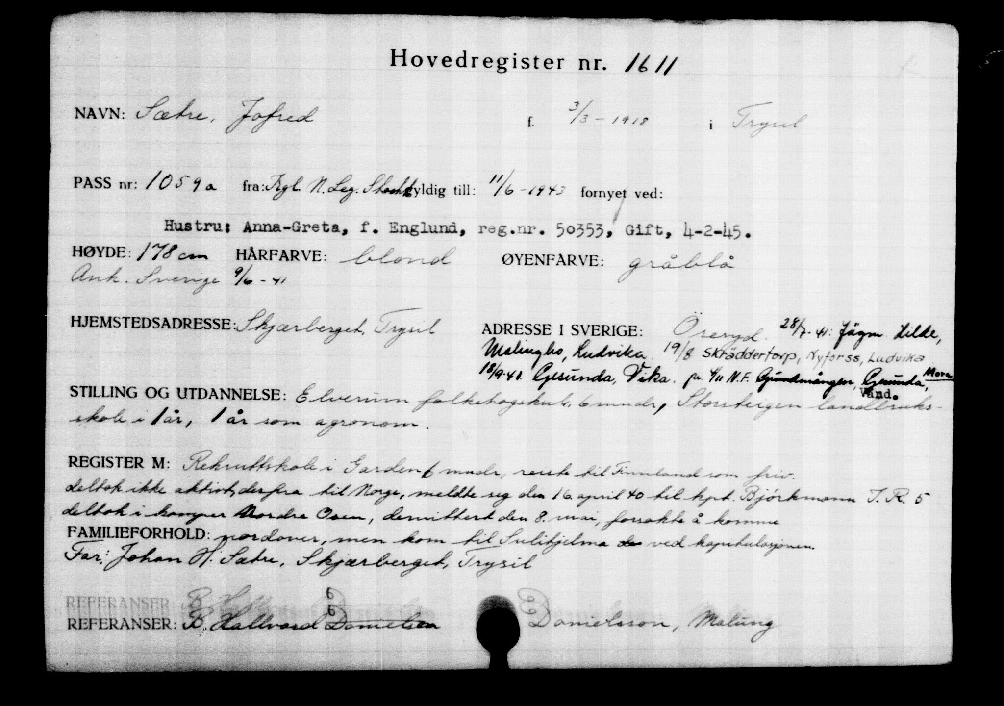 Utenriksstasjonene, Legasjonen i Stockholm, Flyktningkontoret, AV/RA-S-6753/V/Va/L0002: Kjesäterkartoteket, flyktninger med registreringsnr. 1001-2000, 1940-1945, s. 878