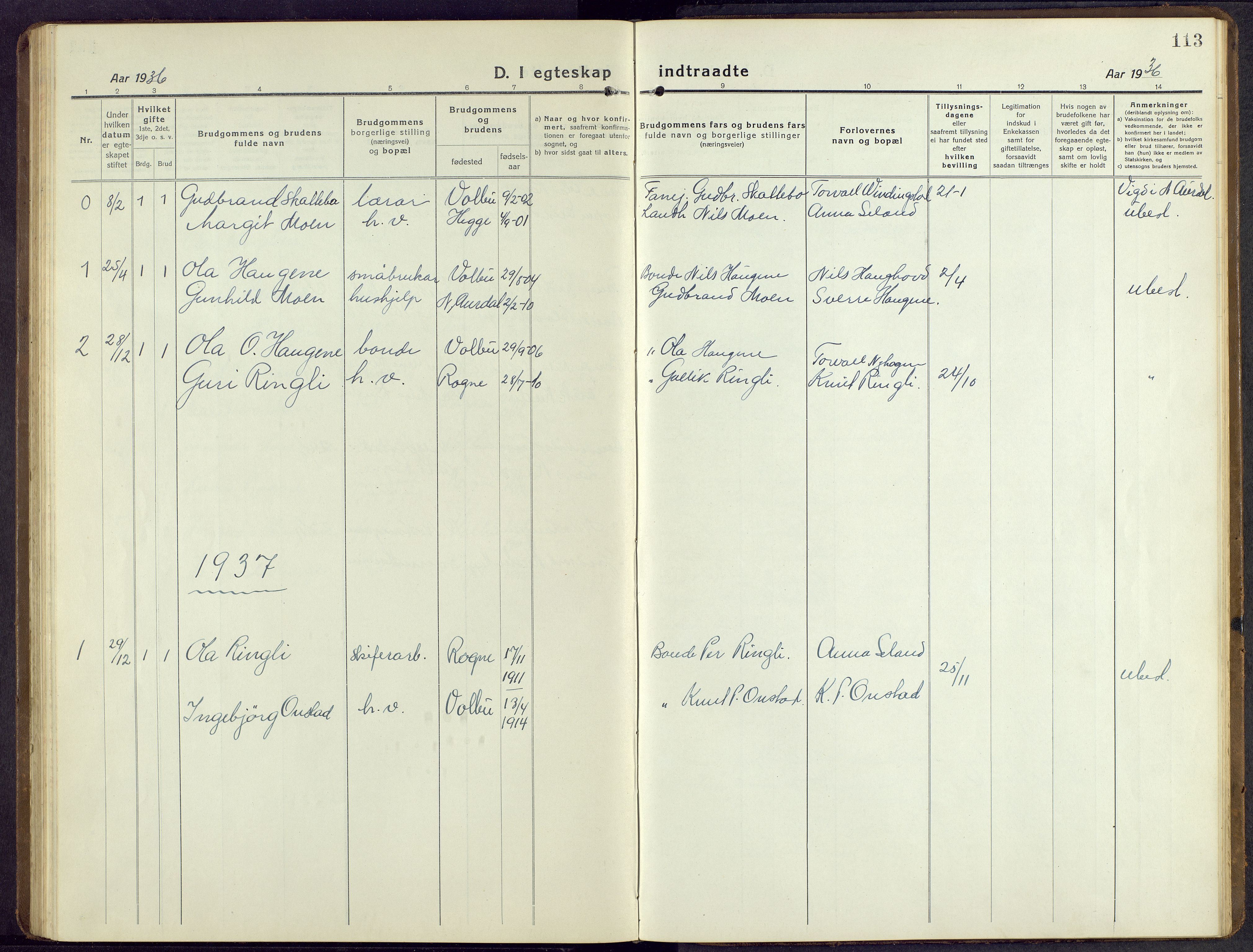 Øystre Slidre prestekontor, AV/SAH-PREST-138/H/Ha/Hab/L0009: Klokkerbok nr. 9, 1917-1952, s. 113
