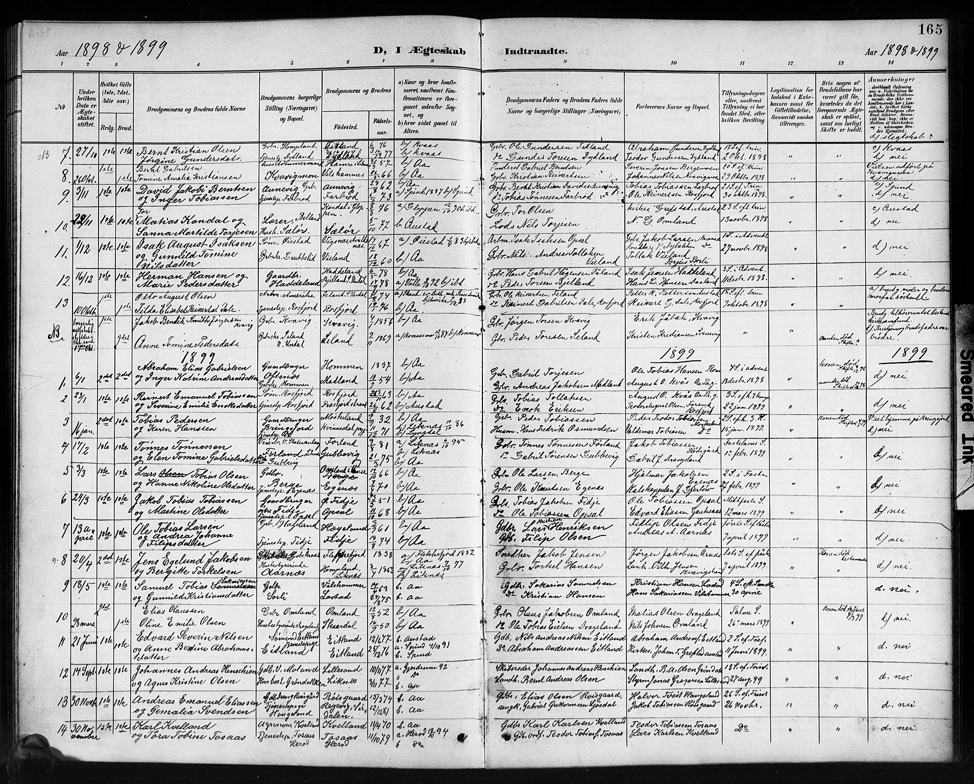 Lyngdal sokneprestkontor, AV/SAK-1111-0029/F/Fb/Fbc/L0005: Klokkerbok nr. B 5, 1897-1913, s. 165