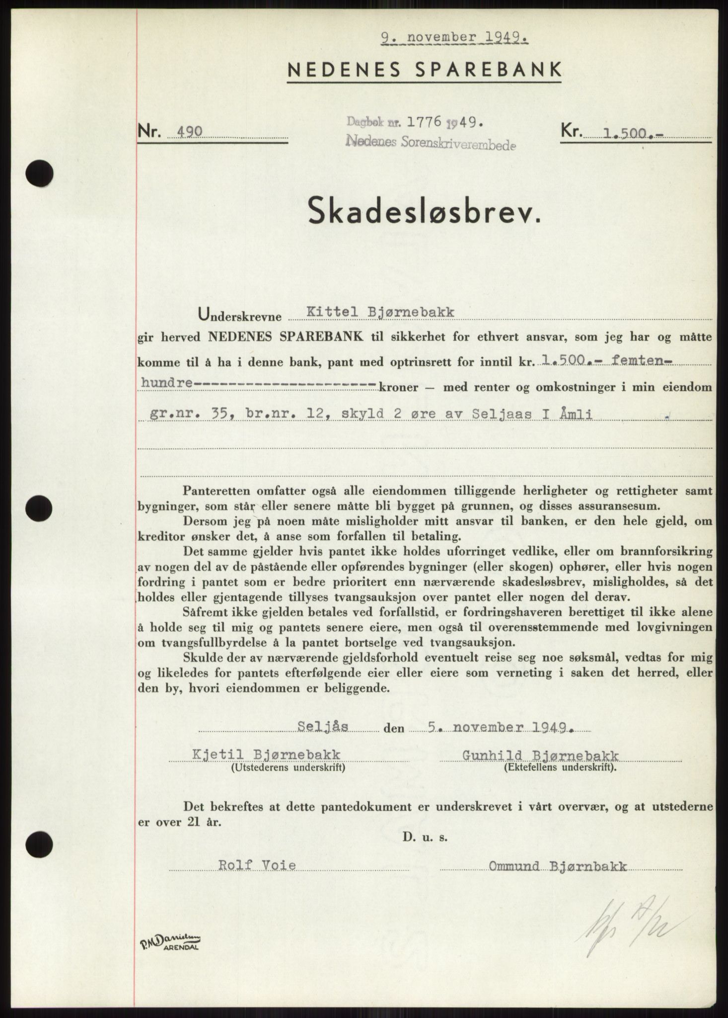 Nedenes sorenskriveri, SAK/1221-0006/G/Gb/Gbb/L0007: Pantebok nr. B7, 1949-1950, Dagboknr: 1776/1949