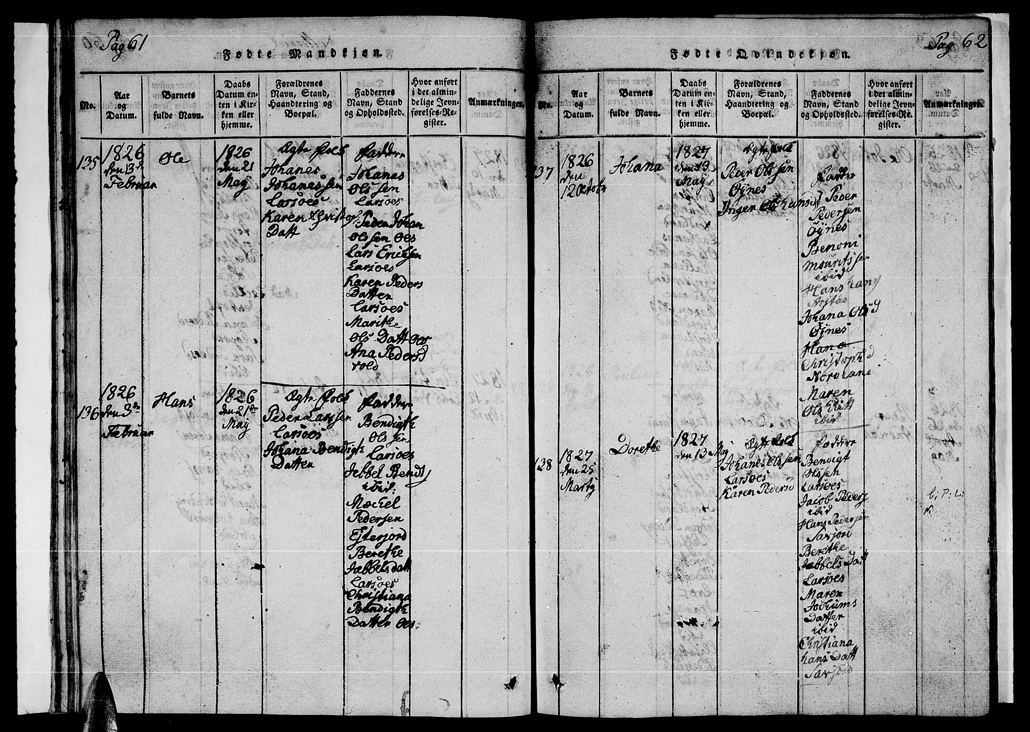 Ministerialprotokoller, klokkerbøker og fødselsregistre - Nordland, SAT/A-1459/846/L0651: Klokkerbok nr. 846C01, 1821-1841, s. 61-62