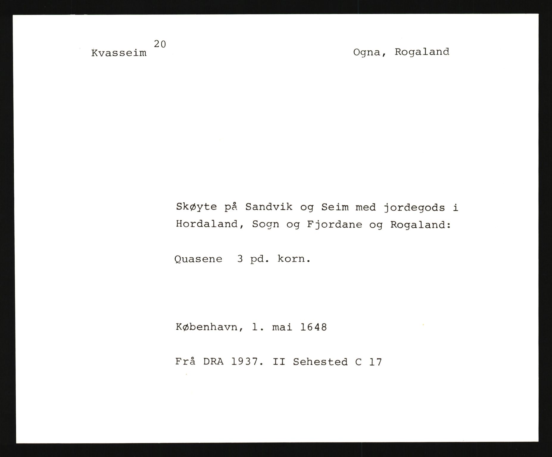 Riksarkivets diplomsamling, AV/RA-EA-5965/F35/F35e/L0027: Registreringssedler Rogaland, 1400-1700, s. 105