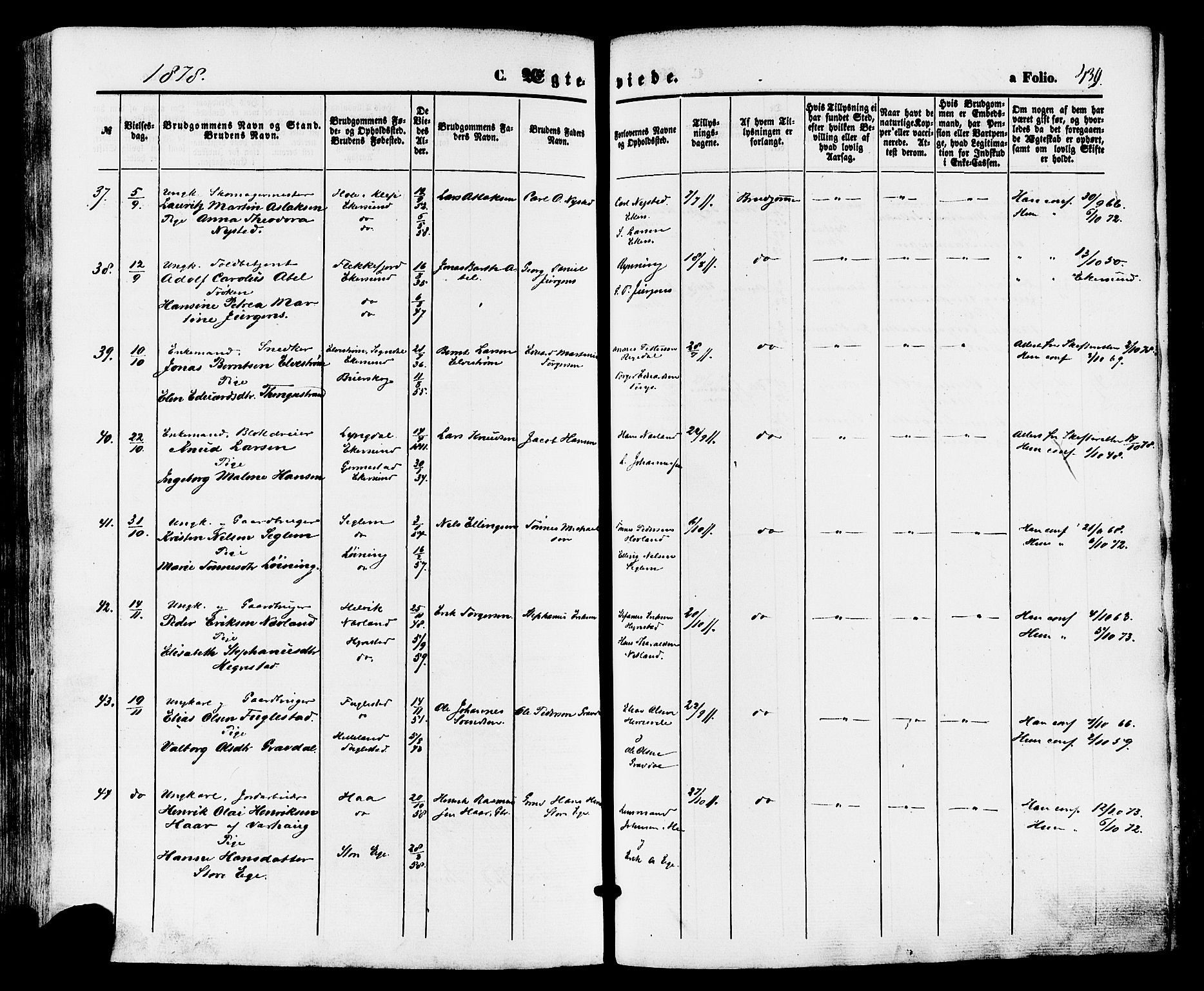 Eigersund sokneprestkontor, AV/SAST-A-101807/S08/L0014: Ministerialbok nr. A 13, 1866-1878, s. 439