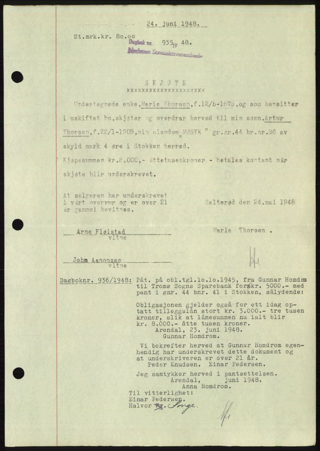 Nedenes sorenskriveri, AV/SAK-1221-0006/G/Gb/Gba/L0059: Pantebok nr. A11, 1948-1948, Dagboknr: 935/1948