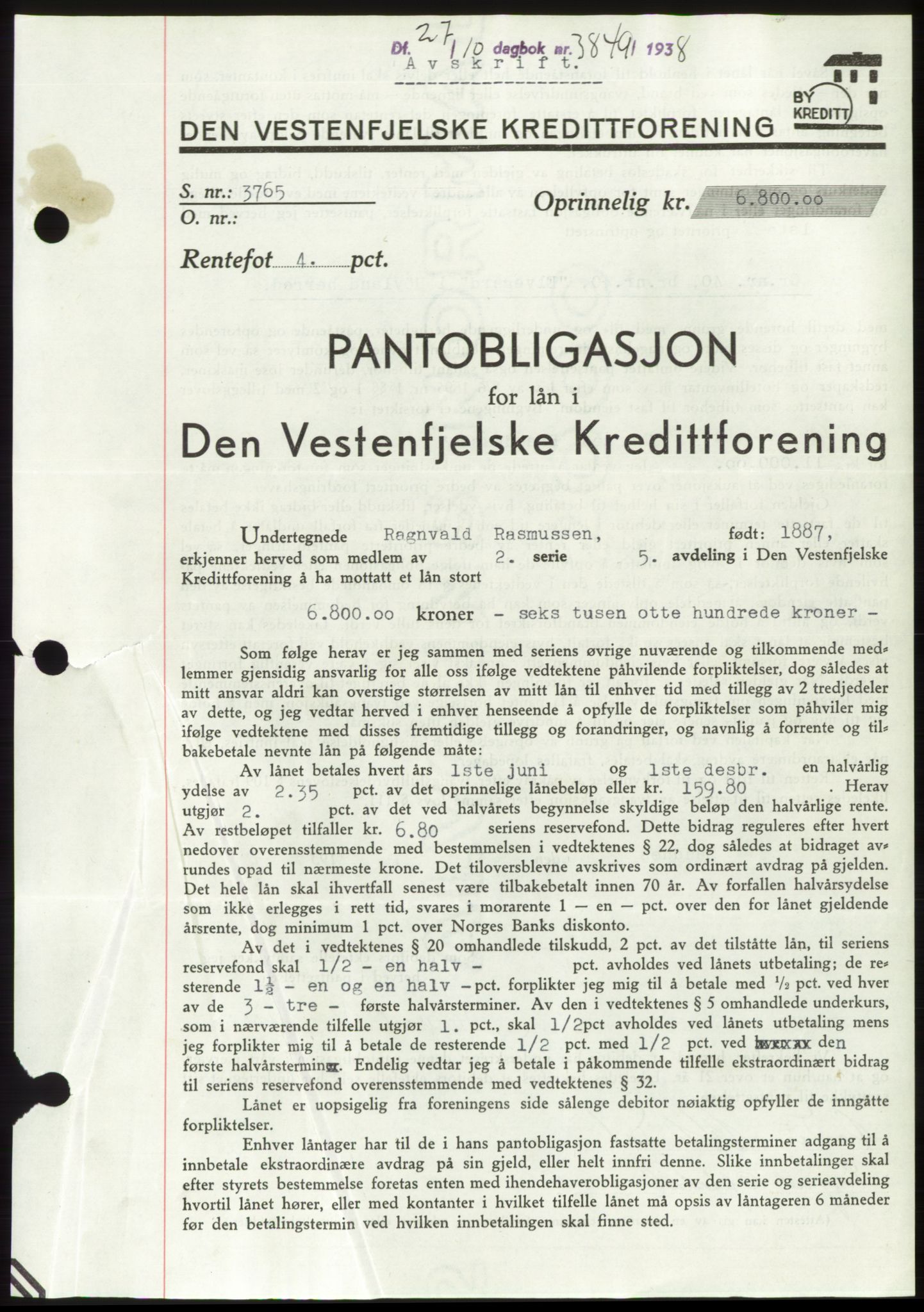 Jæren sorenskriveri, SAST/A-100310/03/G/Gba/L0072: Pantebok, 1938-1938, Dagboknr: 3849/1938