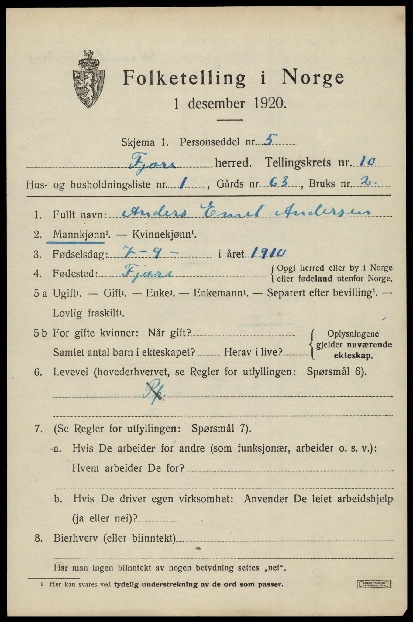 SAK, Folketelling 1920 for 0923 Fjære herred, 1920, s. 11399