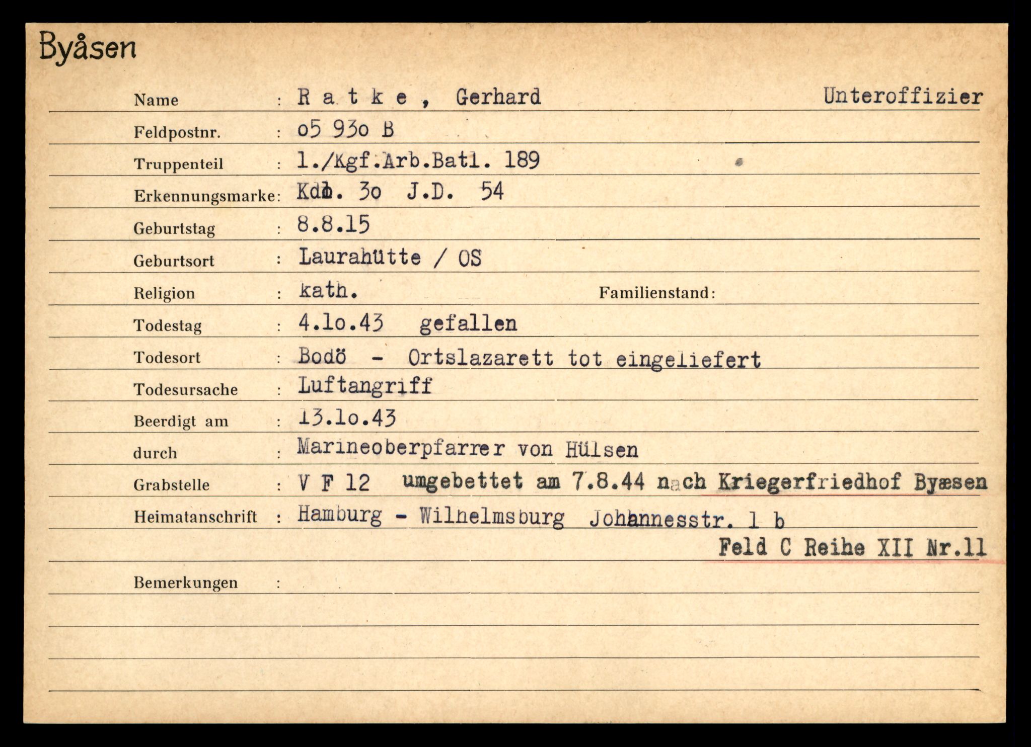 Distriktskontoret for krigsgraver, AV/SAT-A-5030/E/L0004: Kasett/kartotek over tysk Krigskirkegård på Byåsen, 1945, s. 1387