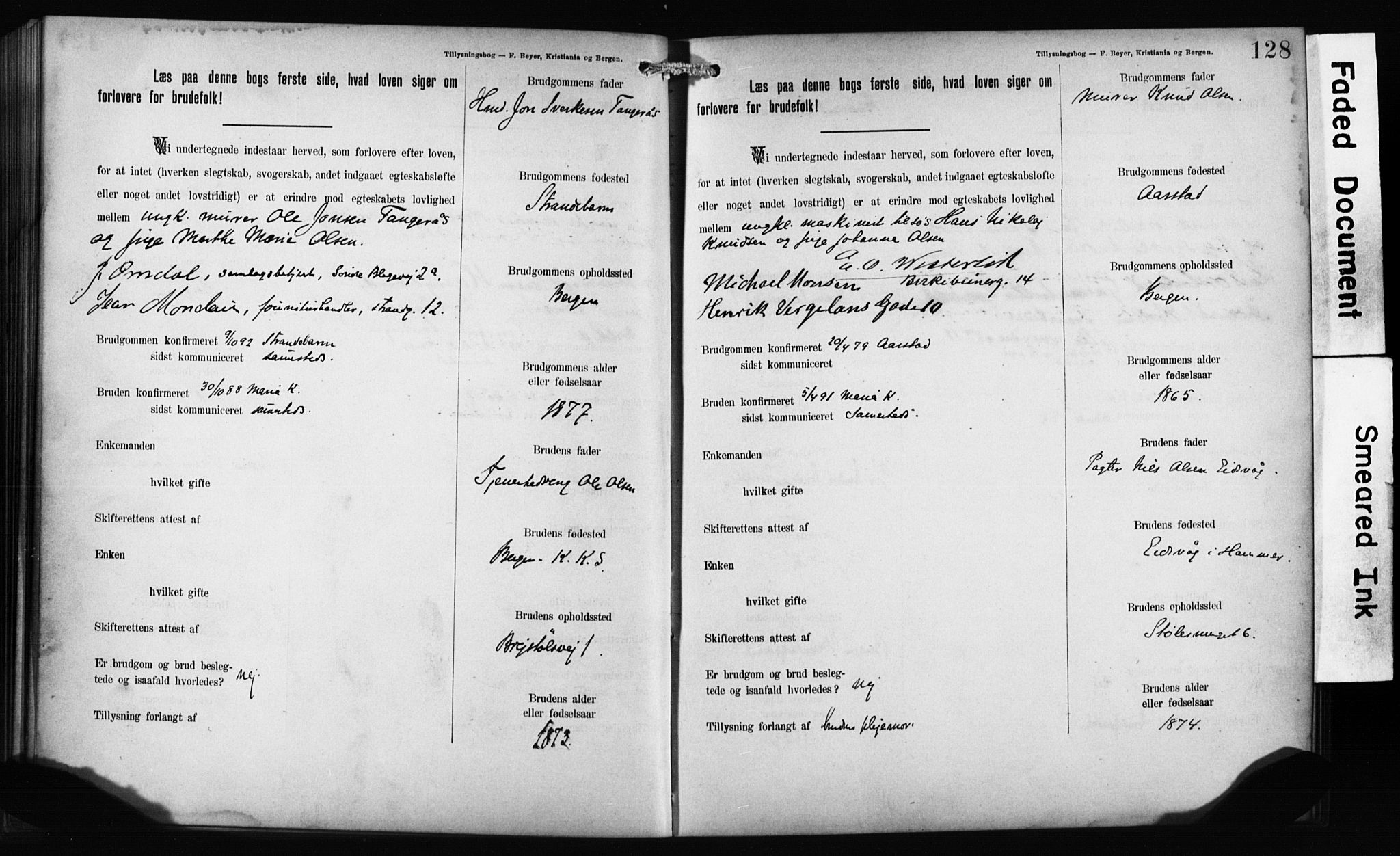 Mariakirken Sokneprestembete, SAB/A-76901: Forlovererklæringer nr. II.5.1, 1891-1901, s. 128