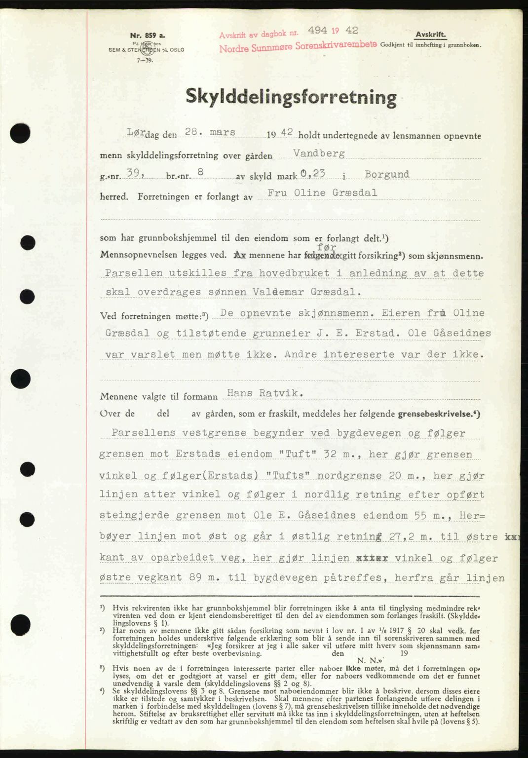 Nordre Sunnmøre sorenskriveri, SAT/A-0006/1/2/2C/2Ca: Pantebok nr. A13, 1942-1942, Dagboknr: 494/1942