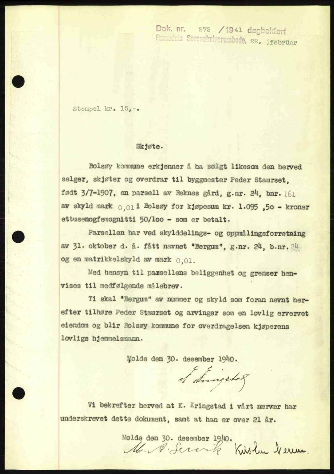 Romsdal sorenskriveri, SAT/A-4149/1/2/2C: Pantebok nr. A9, 1940-1941, Dagboknr: 273/1941