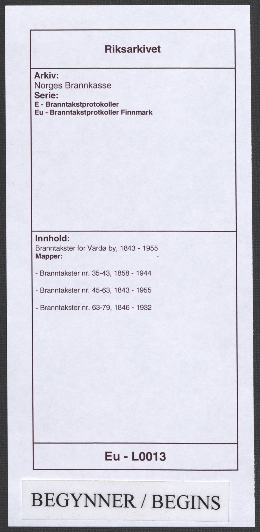 Norges Brannkasse, AV/RA-S-1549/E/Eu/L0013: Branntakster for Vardø by, 1843-1955, s. 1