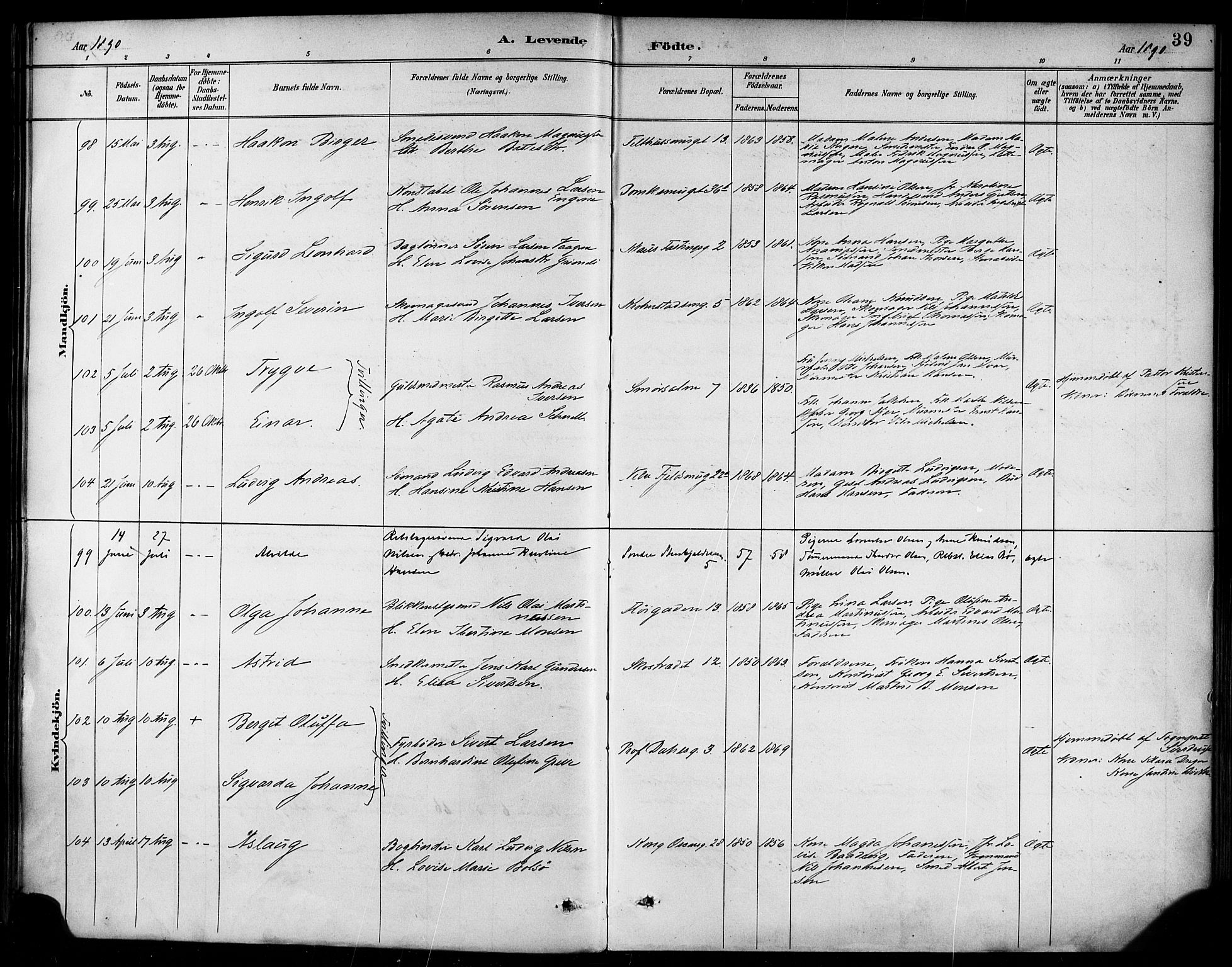 Korskirken sokneprestembete, AV/SAB-A-76101/H/Haa/L0022: Ministerialbok nr. B 8, 1889-1899, s. 39