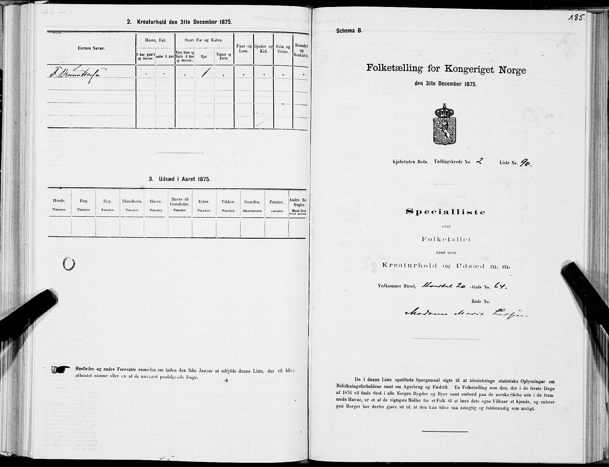 SAT, Folketelling 1875 for 1804B Bodø prestegjeld, Bodø kjøpstad, 1875, s. 185