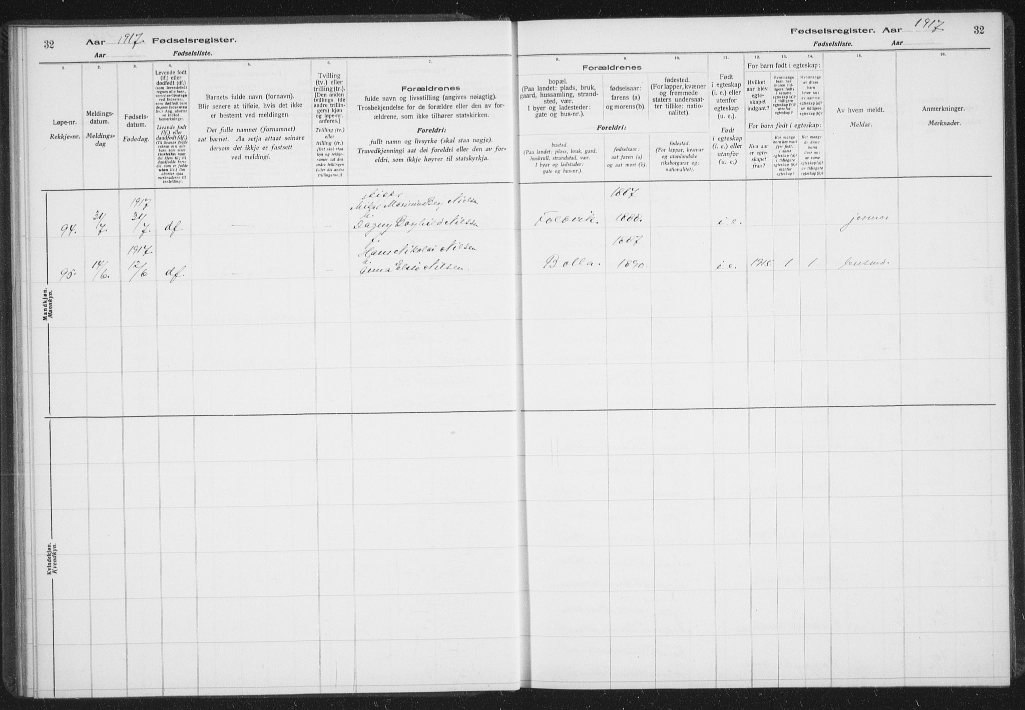 Ibestad sokneprestembete, SATØ/S-0077/I/Ic/L0061: Fødselsregister nr. 61, 1917-1929, s. 32
