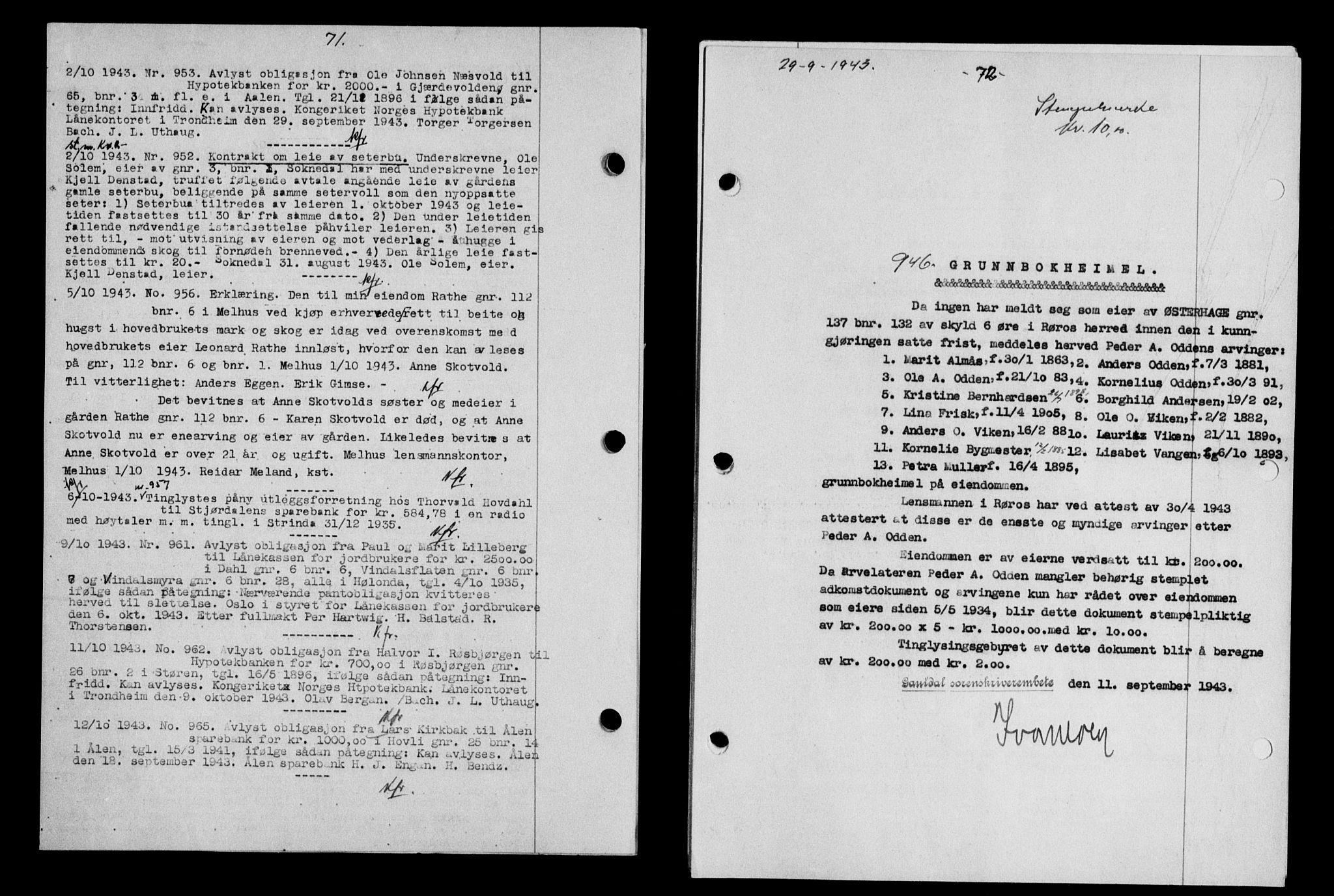 Gauldal sorenskriveri, SAT/A-0014/1/2/2C/L0057: Pantebok nr. 62, 1943-1944, Dagboknr: 946/1943