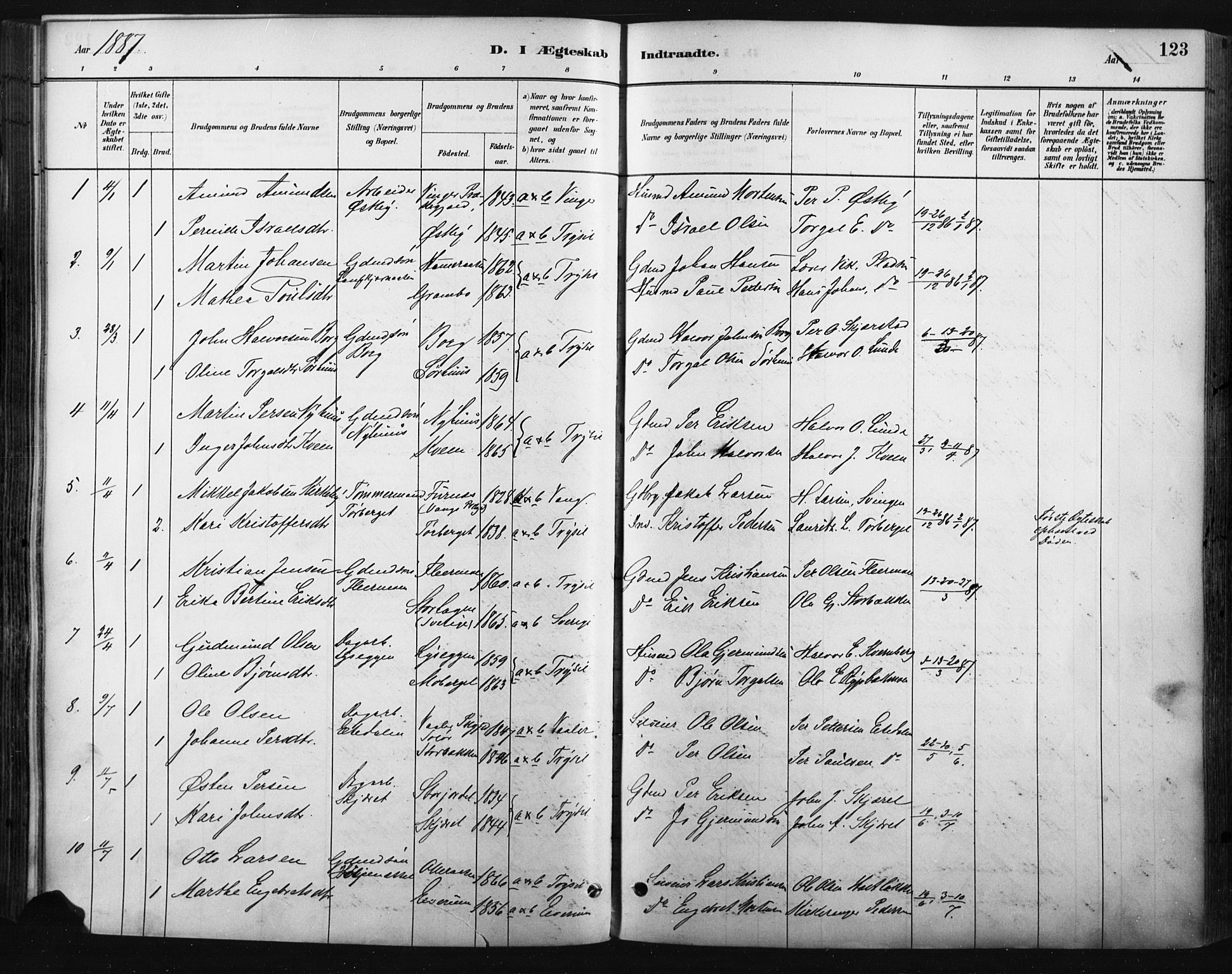 Trysil prestekontor, AV/SAH-PREST-046/H/Ha/Haa/L0009: Ministerialbok nr. 9, 1881-1897, s. 123