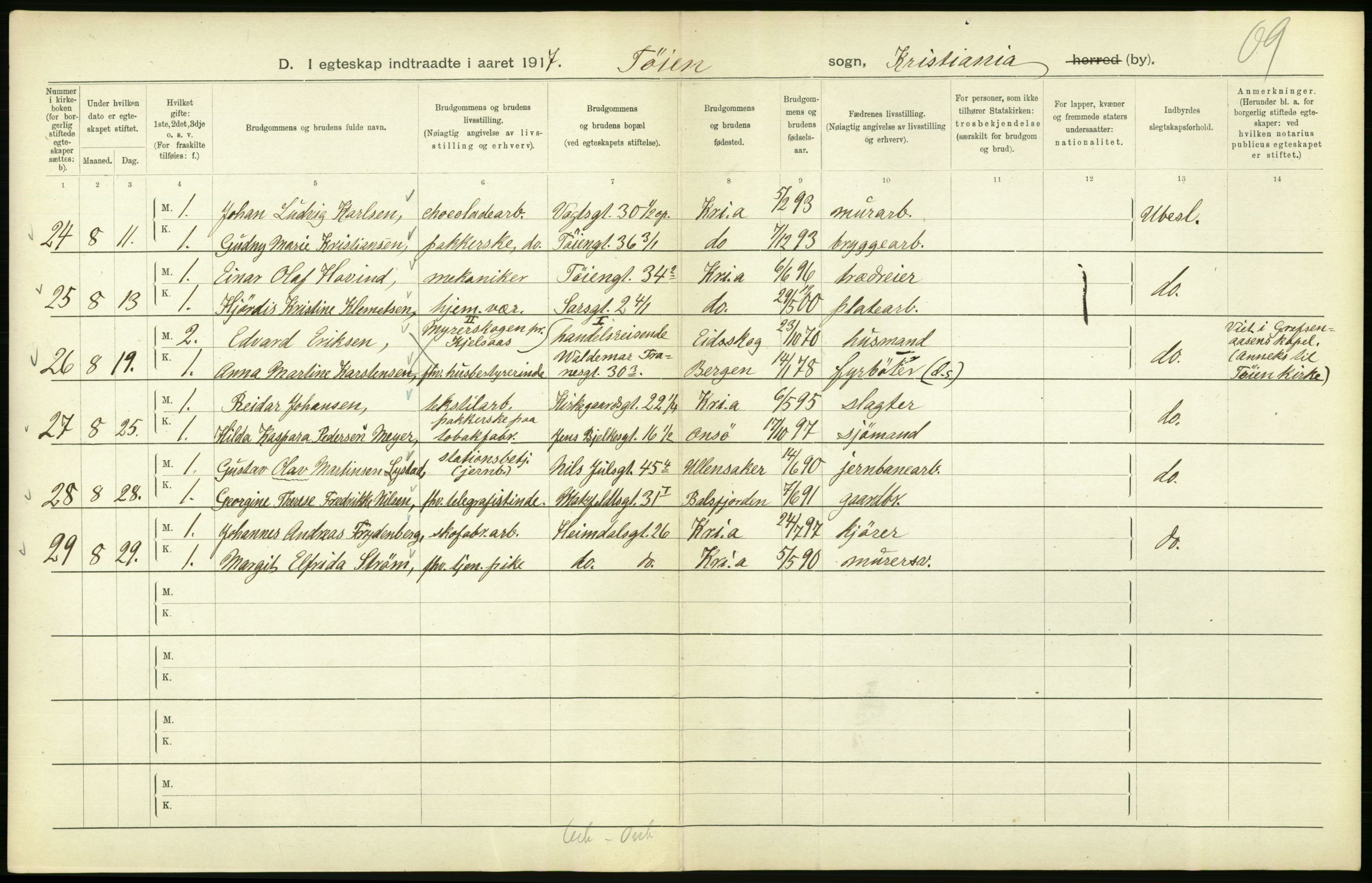 Statistisk sentralbyrå, Sosiodemografiske emner, Befolkning, AV/RA-S-2228/D/Df/Dfb/Dfbg/L0009: Kristiania: Gifte, 1917, s. 328