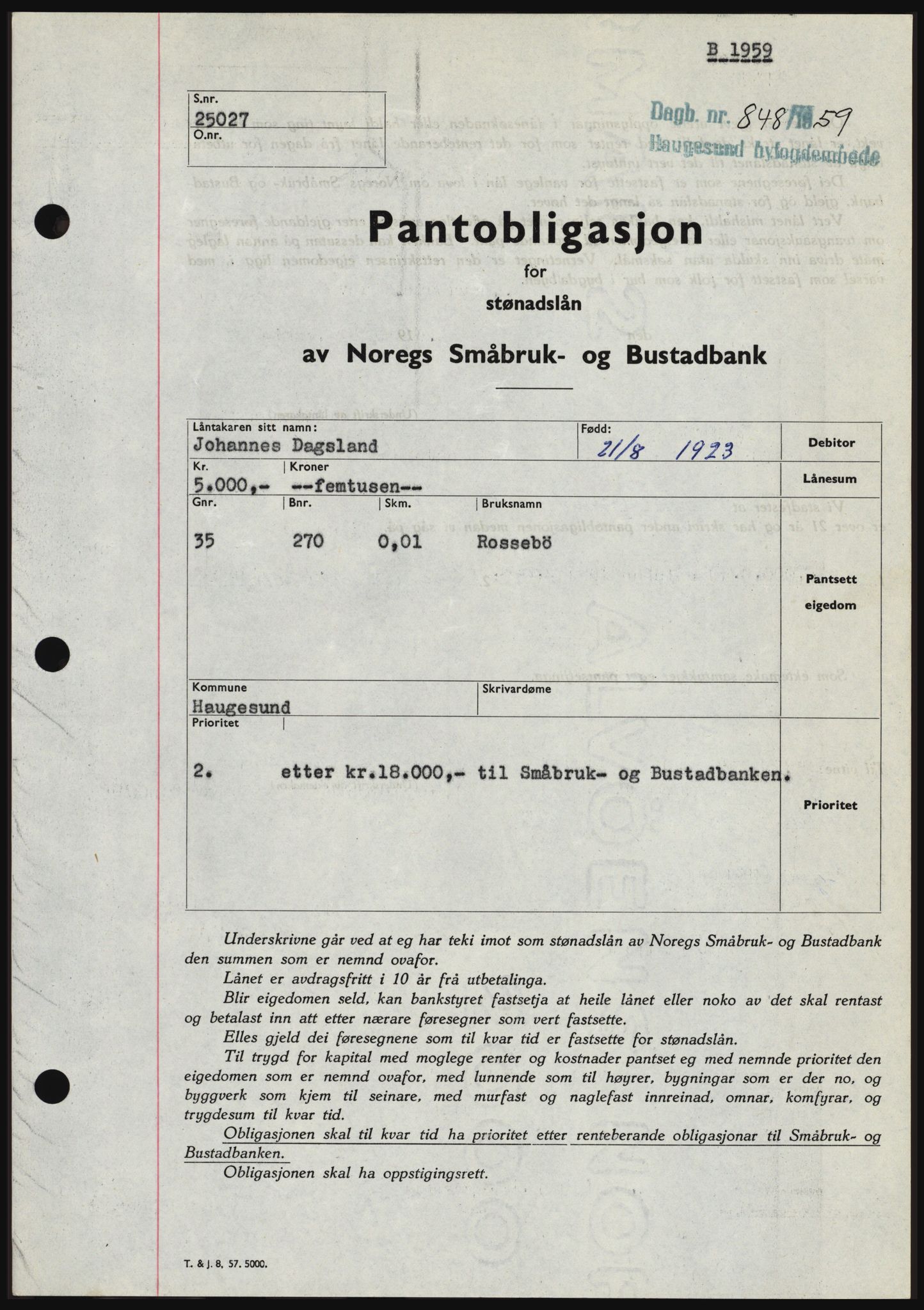 Haugesund tingrett, SAST/A-101415/01/II/IIC/L0045: Pantebok nr. B 45, 1959-1959, Dagboknr: 848/1959