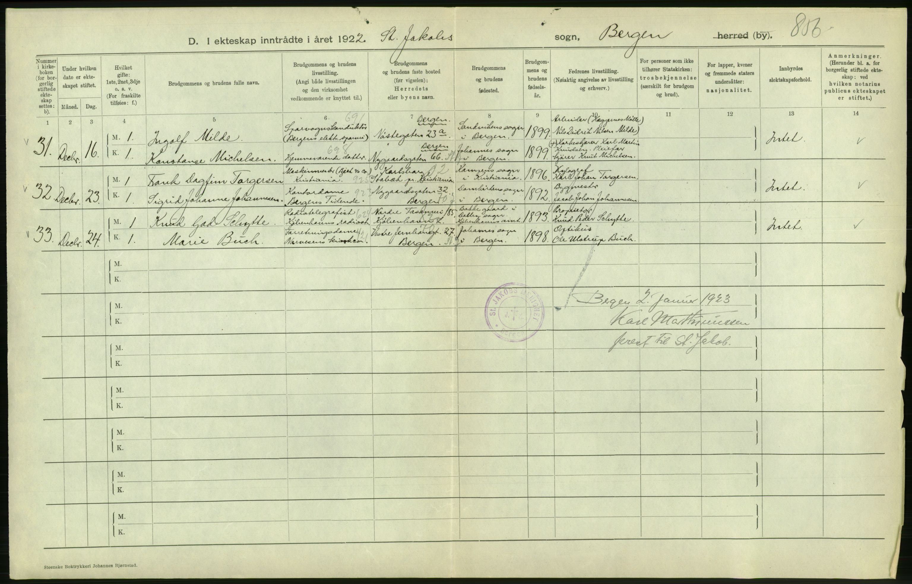 Statistisk sentralbyrå, Sosiodemografiske emner, Befolkning, AV/RA-S-2228/D/Df/Dfc/Dfcb/L0030: Bergen: Gifte, døde, dødfødte., 1922, s. 30