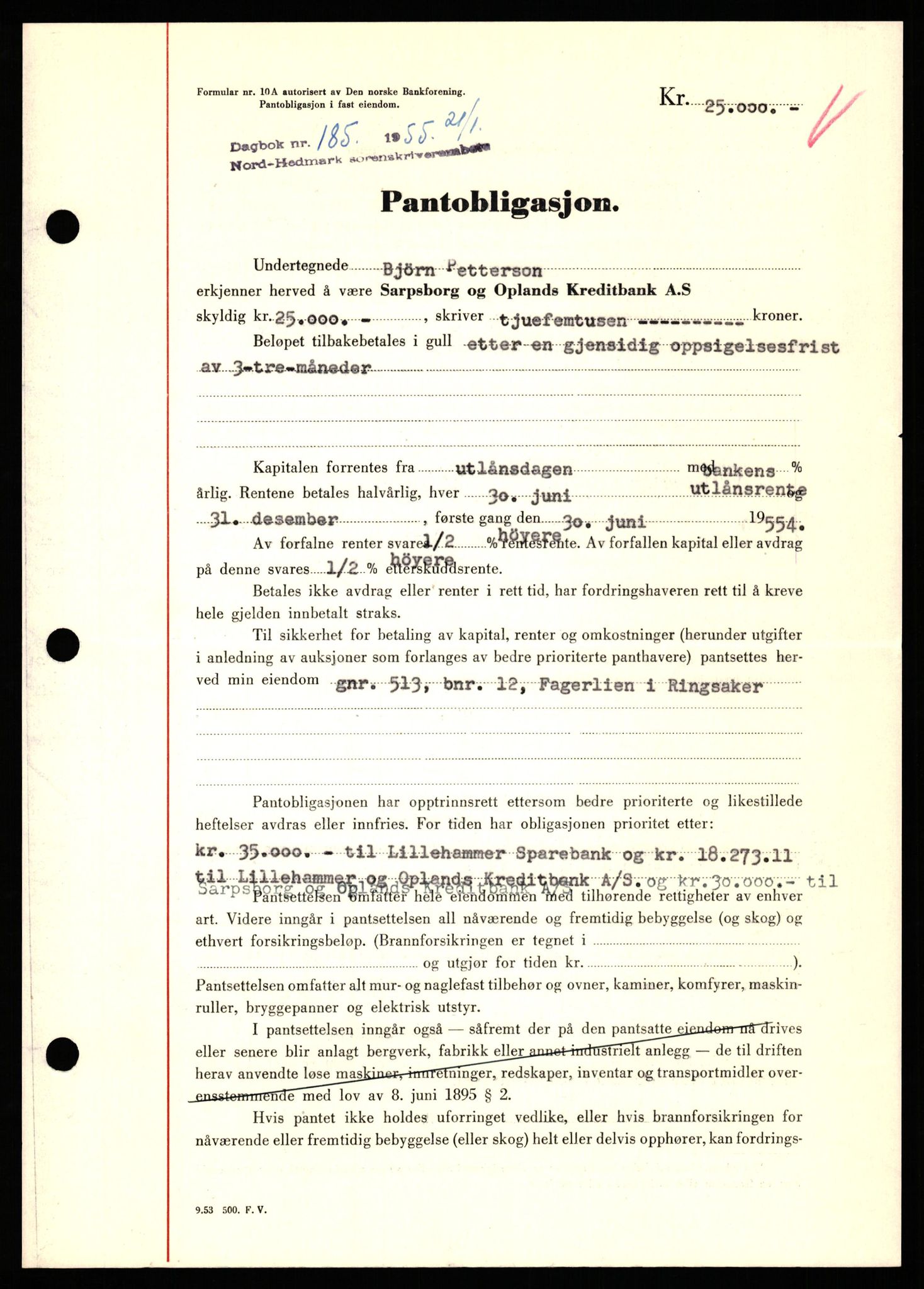 Nord-Hedmark sorenskriveri, SAH/TING-012/H/Hb/Hbf/L0032: Pantebok nr. B32, 1955-1955, Dagboknr: 185/1952