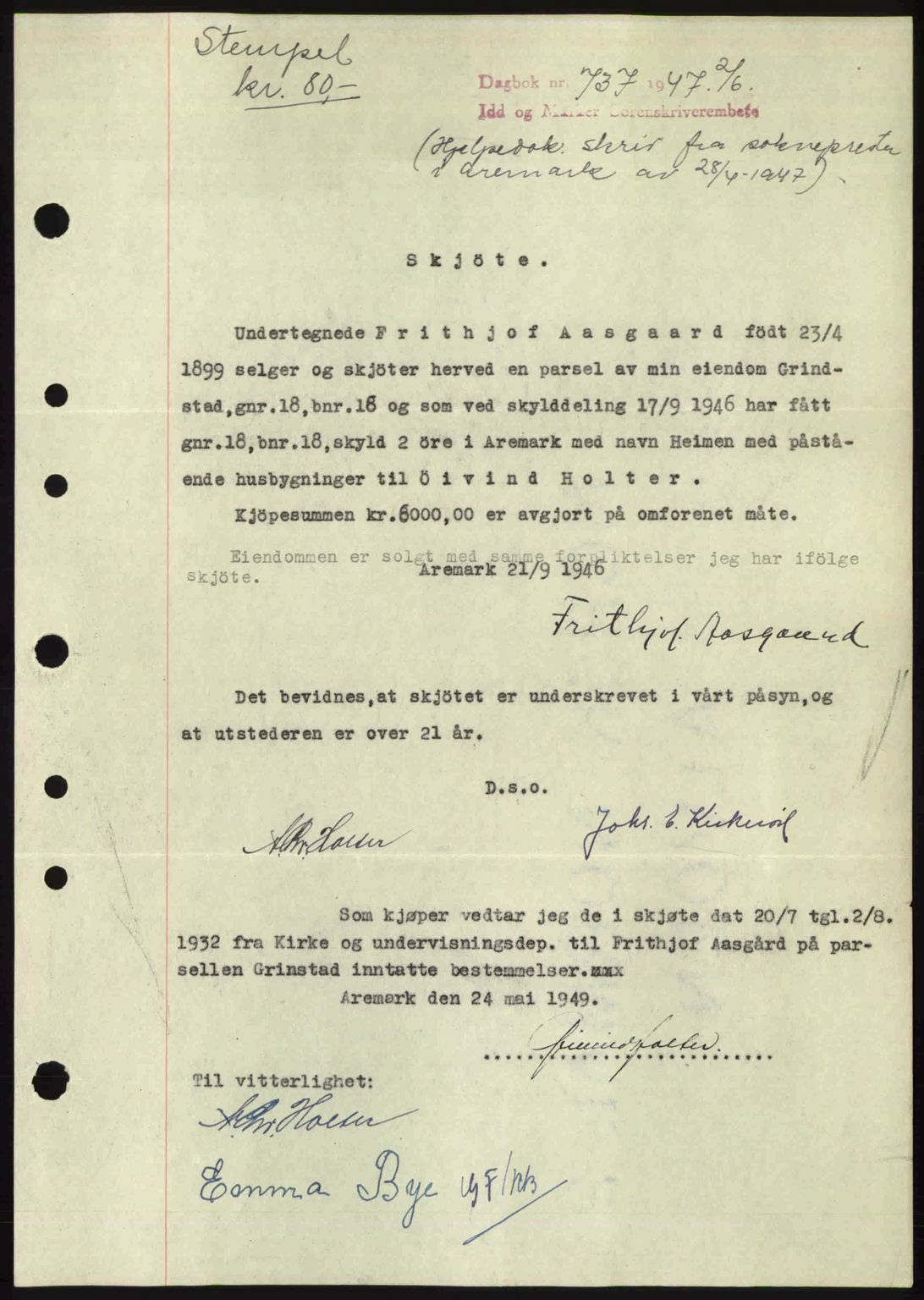 Idd og Marker sorenskriveri, SAO/A-10283/G/Gb/Gbb/L0009: Pantebok nr. A9, 1946-1947, Dagboknr: 737/1947