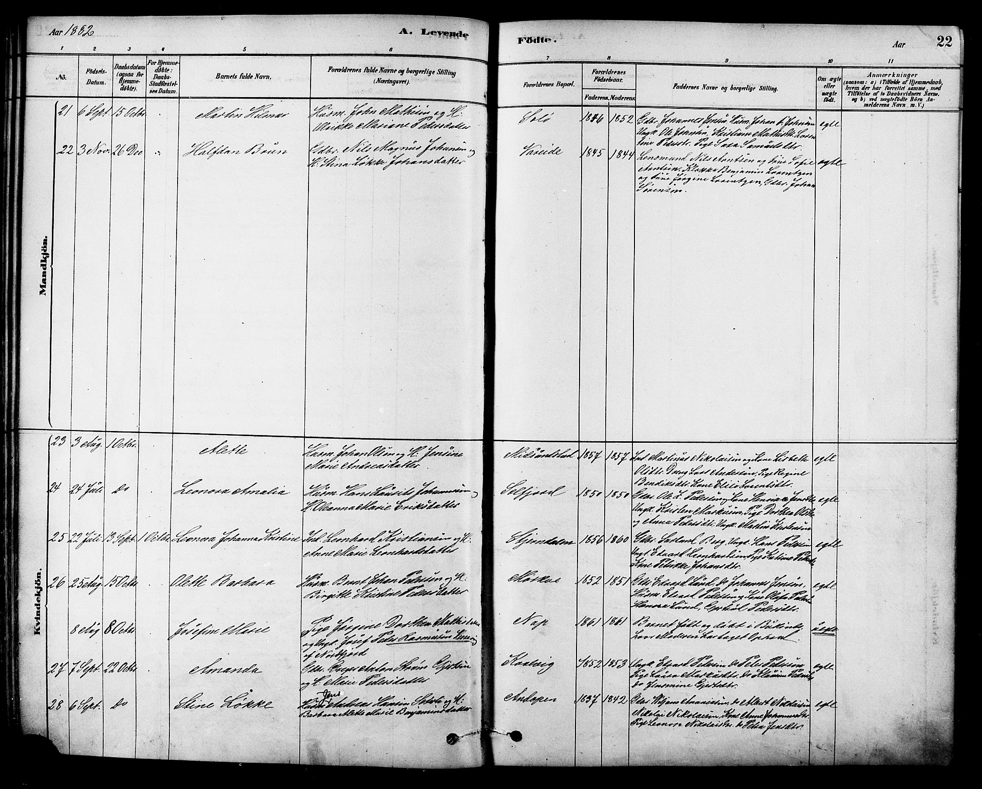 Ministerialprotokoller, klokkerbøker og fødselsregistre - Nordland, SAT/A-1459/885/L1204: Ministerialbok nr. 885A05, 1878-1892, s. 22