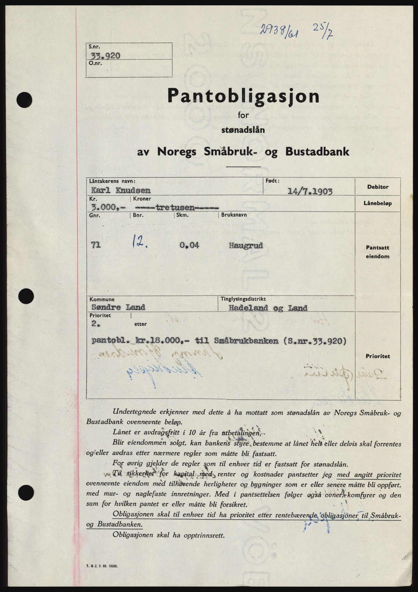 Hadeland og Land tingrett, SAH/TING-010/H/Hb/Hbc/L0046: Pantebok nr. B46, 1961-1961, Dagboknr: 2938/1961