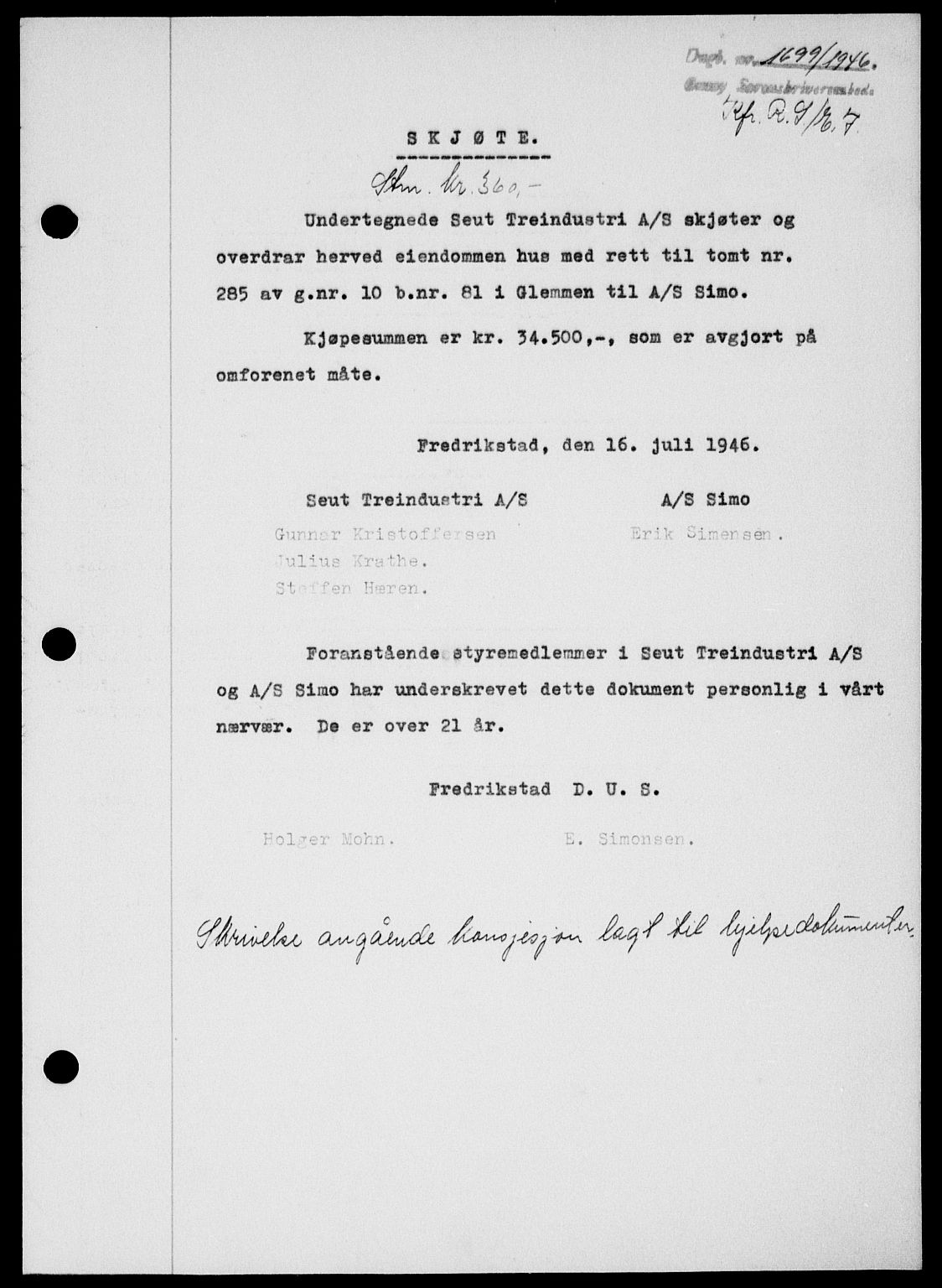 Onsøy sorenskriveri, SAO/A-10474/G/Ga/Gab/L0016: Pantebok nr. II A-16, 1946-1946, Dagboknr: 1699/1946