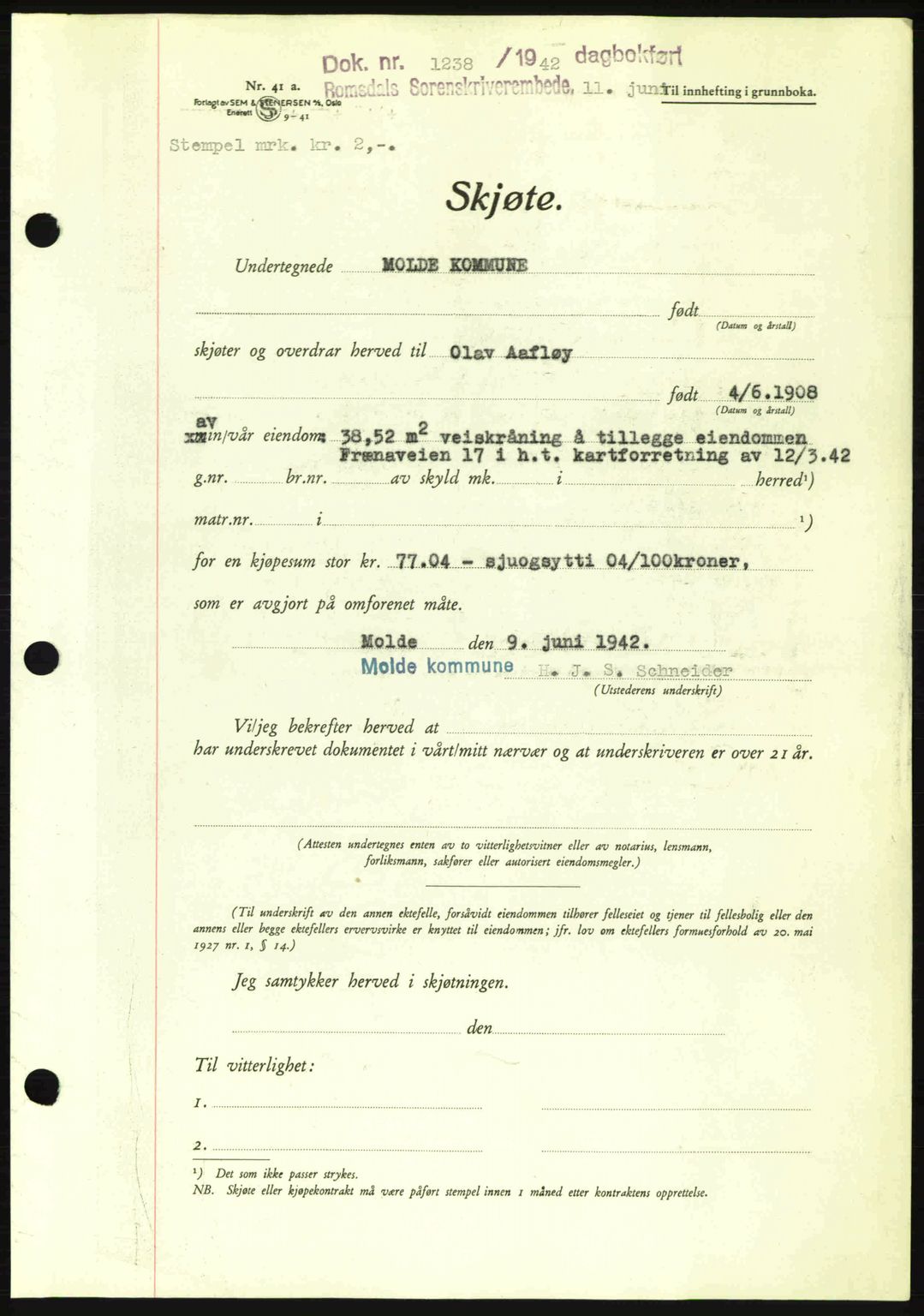 Romsdal sorenskriveri, SAT/A-4149/1/2/2C: Pantebok nr. A12, 1942-1942, Dagboknr: 1238/1942