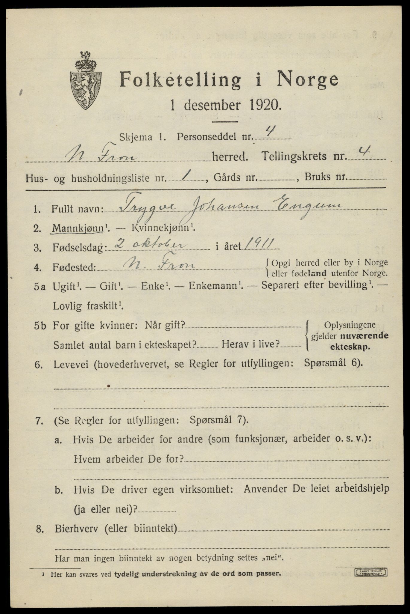 SAH, Folketelling 1920 for 0518 Nord-Fron herred, 1920, s. 4032