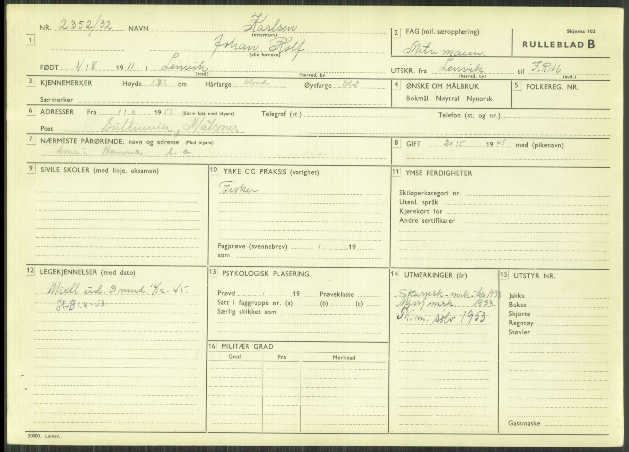 Forsvaret, Troms infanteriregiment nr. 16, AV/RA-RAFA-3146/P/Pa/L0016: Rulleblad for regimentets menige mannskaper, årsklasse 1932, 1932, s. 807