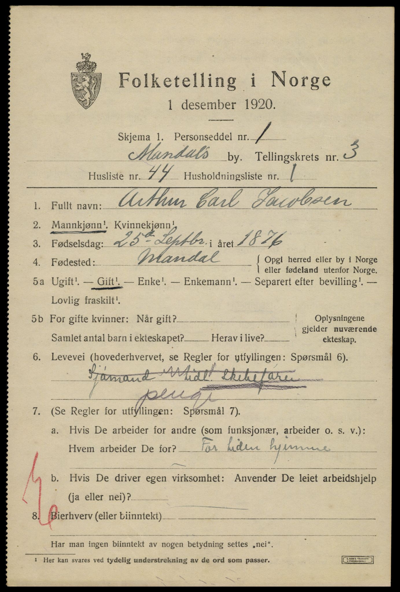SAK, Folketelling 1920 for 1002 Mandal ladested, 1920, s. 5887