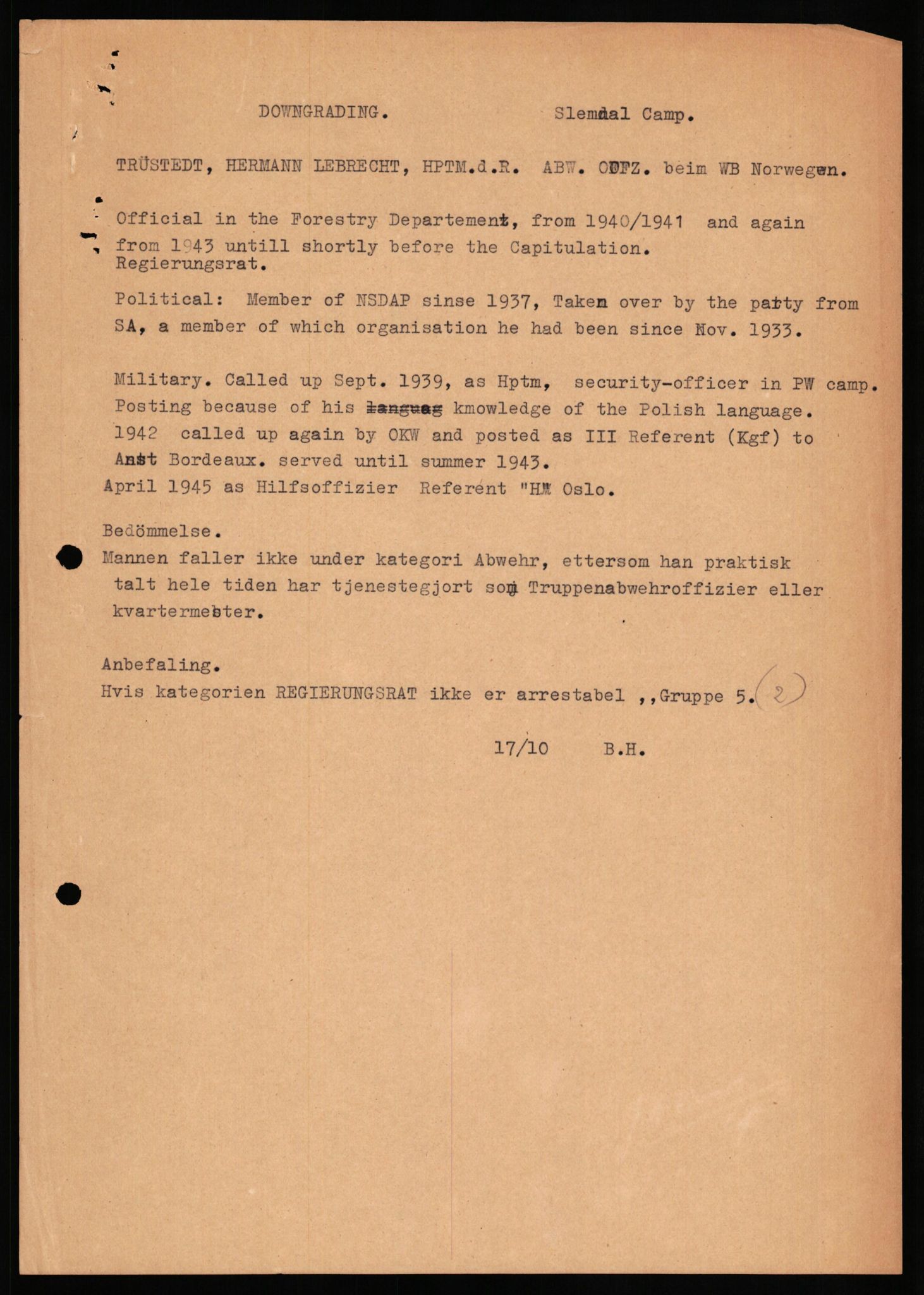 Forsvaret, Forsvarets overkommando II, RA/RAFA-3915/D/Db/L0034: CI Questionaires. Tyske okkupasjonsstyrker i Norge. Tyskere., 1945-1946, s. 138