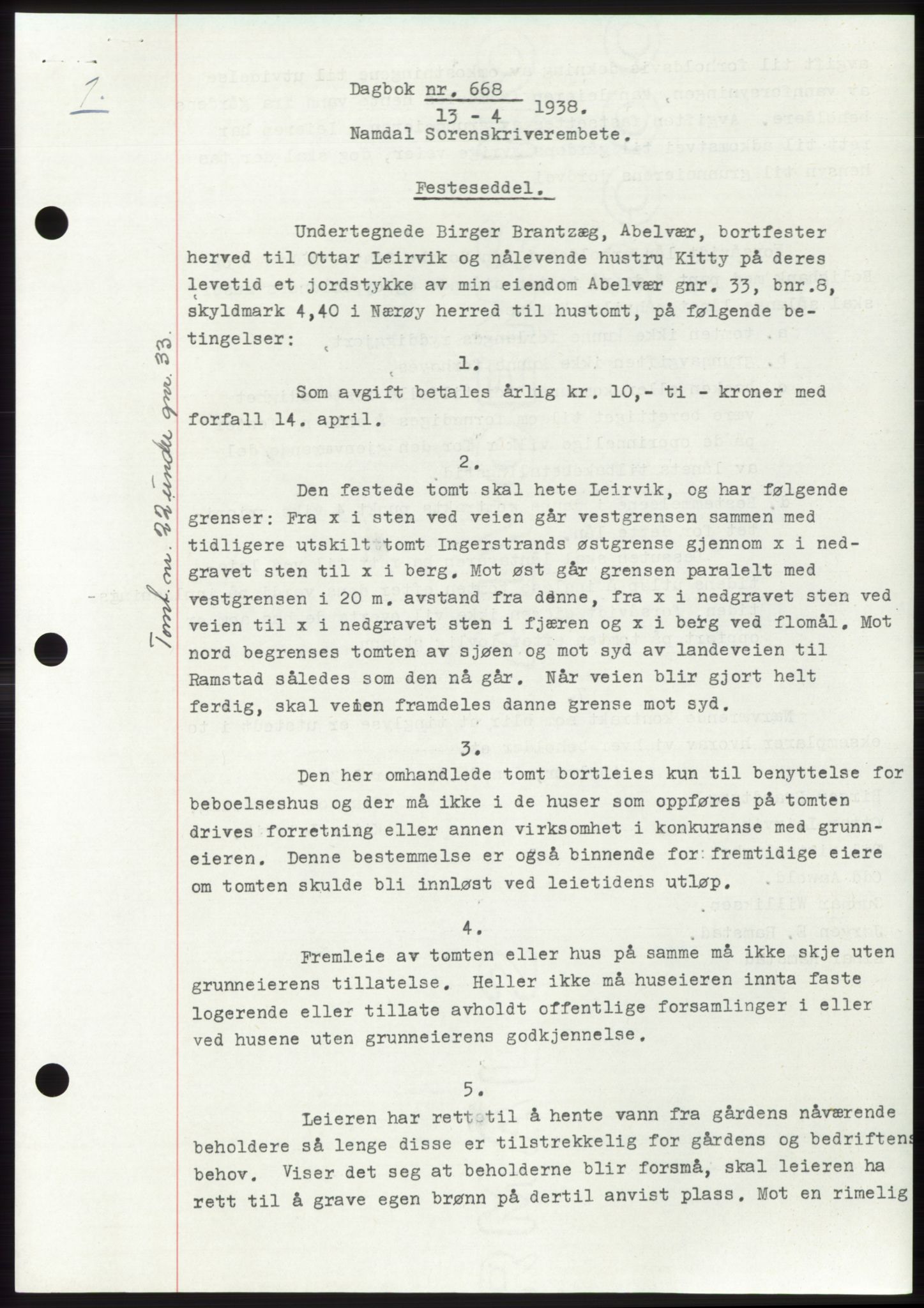 Namdal sorenskriveri, SAT/A-4133/1/2/2C: Pantebok nr. -, 1937-1939, Tingl.dato: 13.04.1938