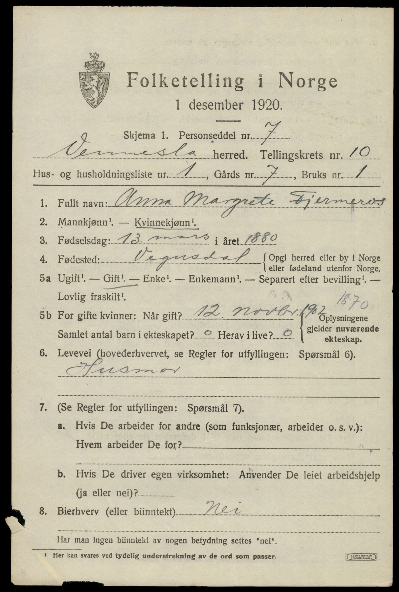 SAK, Folketelling 1920 for 1014 Vennesla herred, 1920, s. 6732